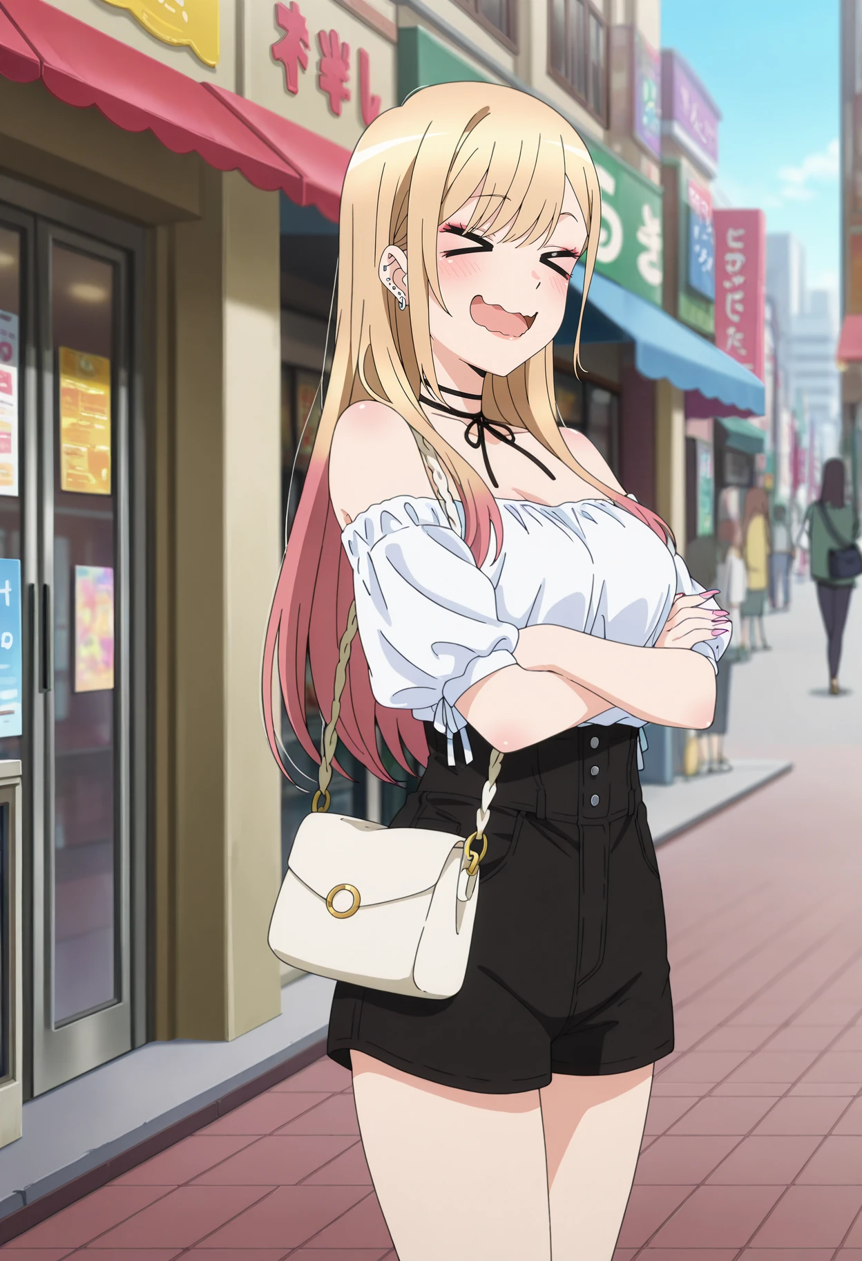 anime screencap, masterpiece, best quality,
<lora:SonoBisqueDoll_KitagawaMarin_IlluXL:0.9>,
1girl, solo, open mouth, wavy mouth, >_<, blush, smile,
long hair, swept bangs, multicolored hair, blonde hair, pink hair, ear piercing, earrings, pink nails, lips, makeup,
MarinCasual, neck ribbon, black ribbon, off-shoulder shirt, white shirt, bare shoulders, short sleeves, high-waist shorts, black shorts, buttons,
shoulder bag,
crossed arms, standing, looking at viewer, cowboy shot, thighs,
outdoors, city, street, storefront, day, blurry background