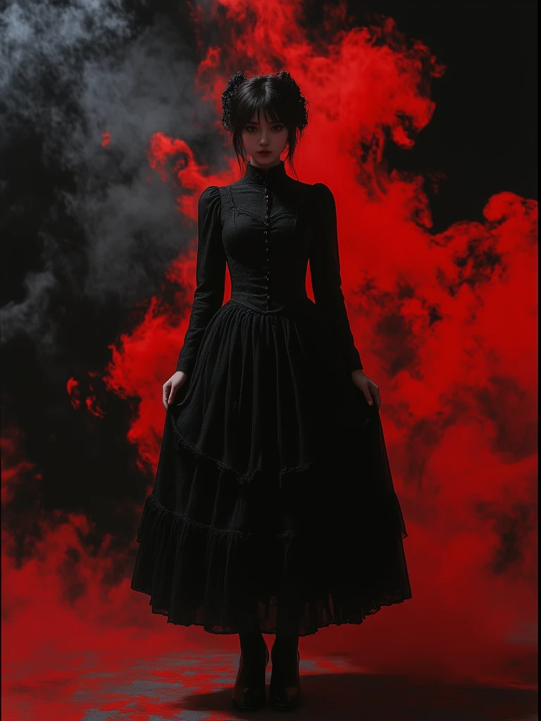 A girl stands against a black and red vintage background, wearing a gothic dress, with black and red smoke swirling around, captured in film photography.,chimeng
