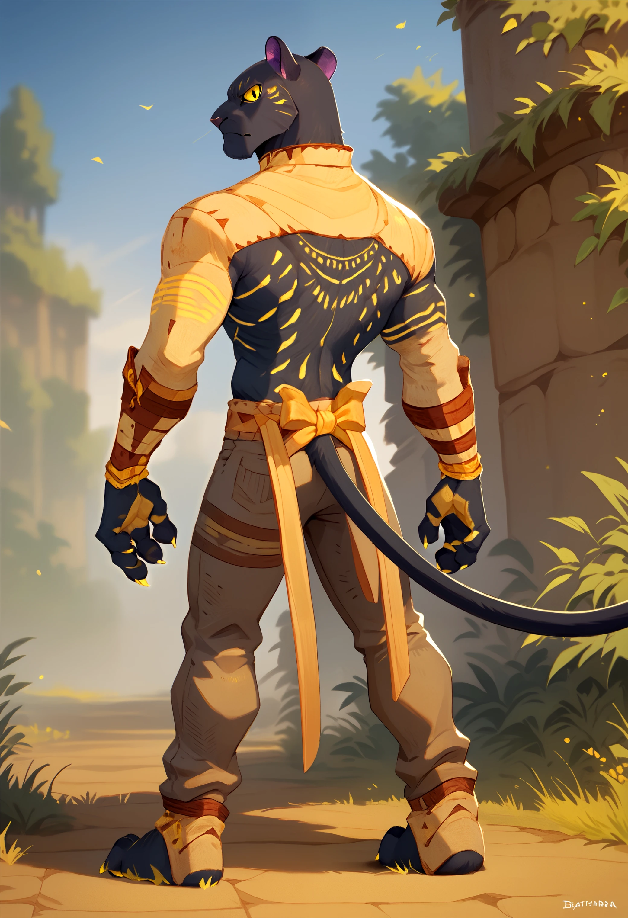 score_9, score_8_up, score_7_up, solo, 1boy, <lora:SethAFK_Journey-000004>, seth, furry male, panther, yellow markings, black fur, black slit pupils, yellow eyes, yellow sclera, panther ears, looking at viewer, pants, clothes, pants, full body, back view, outside,