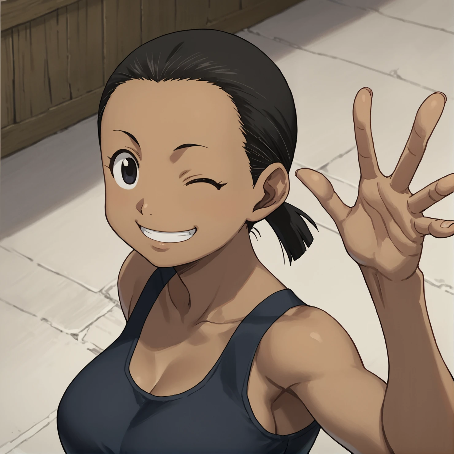 score_9, score_8_up, score_7_up, 1girl, solo, source_anime, aninyaFMA, dark-skinned female, tank top, black hair, black eyes, ponytail, <lora:PaninyaFMA:0.8> dynamic pose, looking at viewer, smiling, big breast, winks, female focus,  one eye closed,