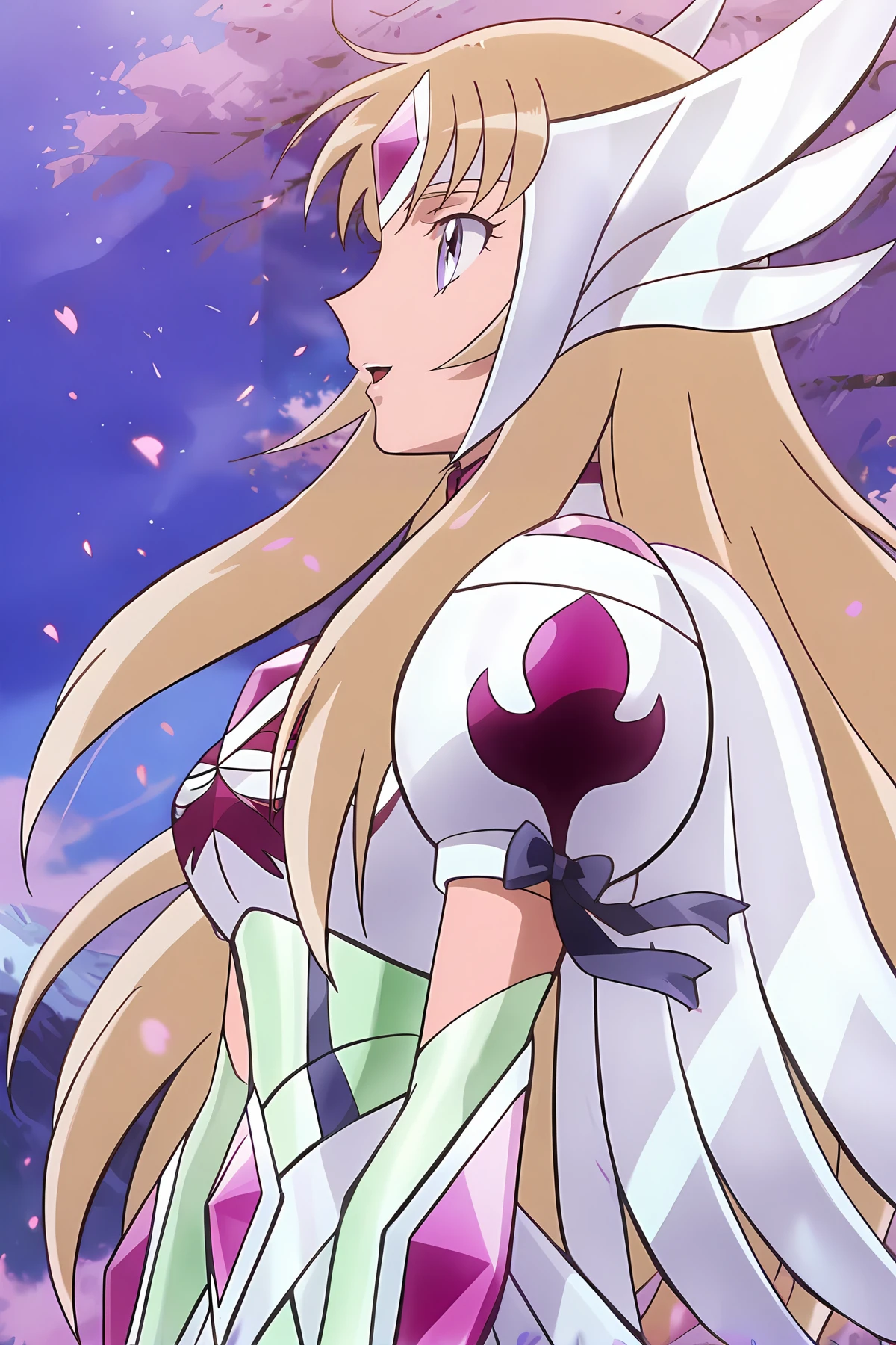 detailed, absurdres, highres, masterpiece, best quality, amazing quality, official anime artwork, screencap, anime screencap,
<lora:Aquila_Yuna_V3_Illustrious:1> Aquila Yuna, 1girl, solo, long hair, blonde hair, brown hair, blue eyes, purple eyes, anime coloring, New Aquila Cloth, New Helmet, elbow gloves, fingerless gloves, armor,
smile, from the side, from side, petals, outdoors, floating hair, :o, profile,