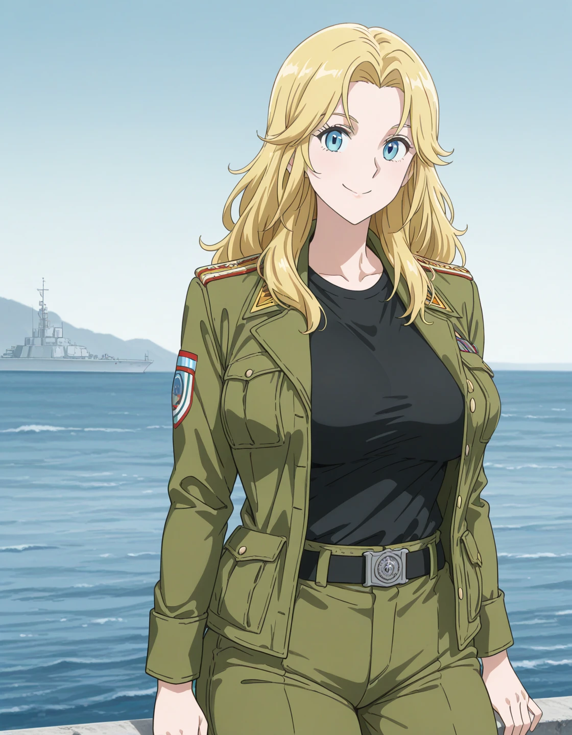 1girl, solo, jodieBK, blonde hair, long hair, blue eyes, smile, large breasts, black shirt, green jacket, open jacket, green pants, three quarter view, outdoors, sea, military base, light theme, (anime coloring:0.5) <lora:jodie_karen_bakuryuu_ilxl_v1:0.7>