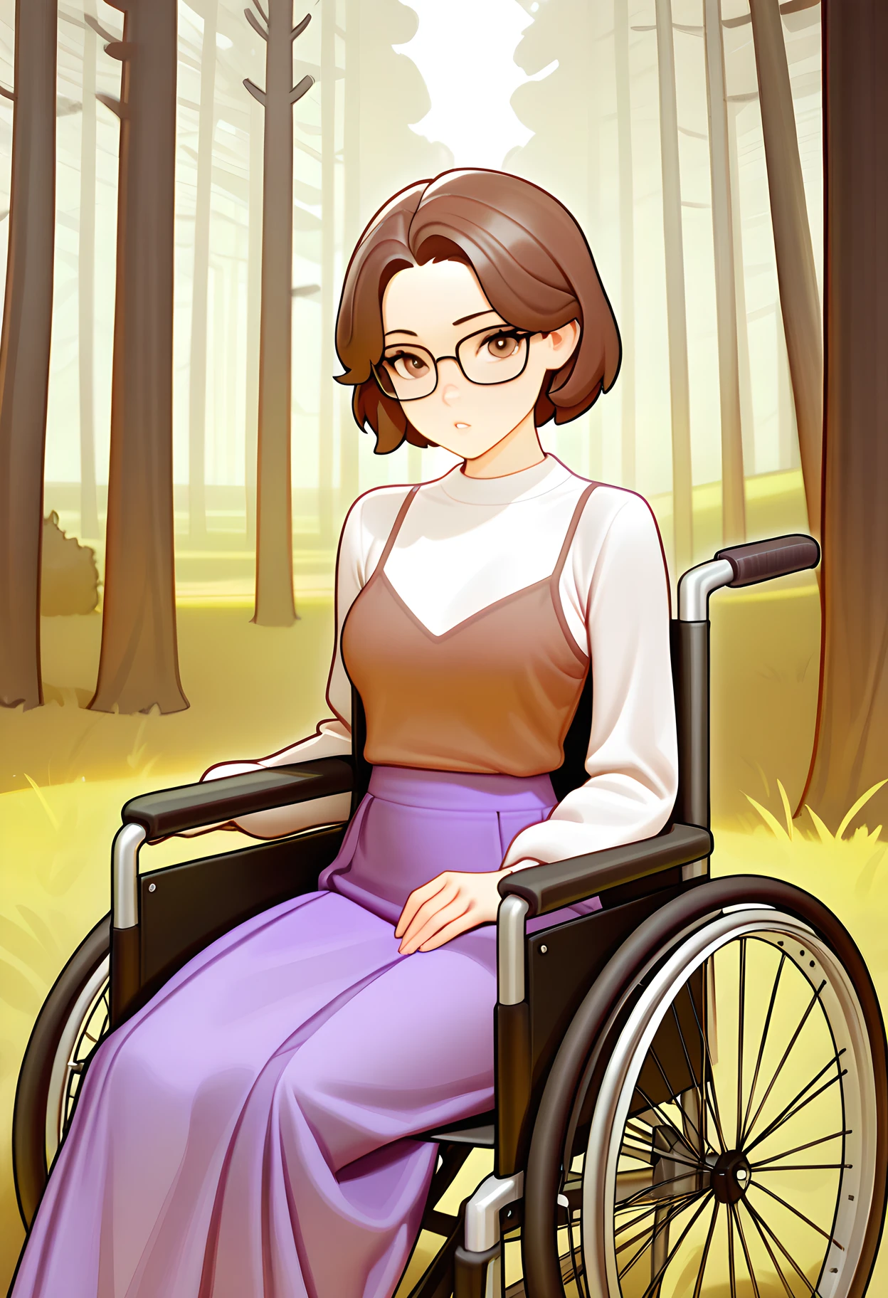 masterpiece, best quality, amazing quality, very aesthetic, absurdres, newest, 1girl, detailed face,
(loodncrood:0.5), bartolomeobari,
forest background, grey mist in background, outdoors,
<lora:olivia_illustr:1> 0l1v1a_f3ar, glasses, short hair, brown hair, brown eyes, long skirt, purple skirt, skirt, shirt, sweater, wheelchair,
sitting, legs together