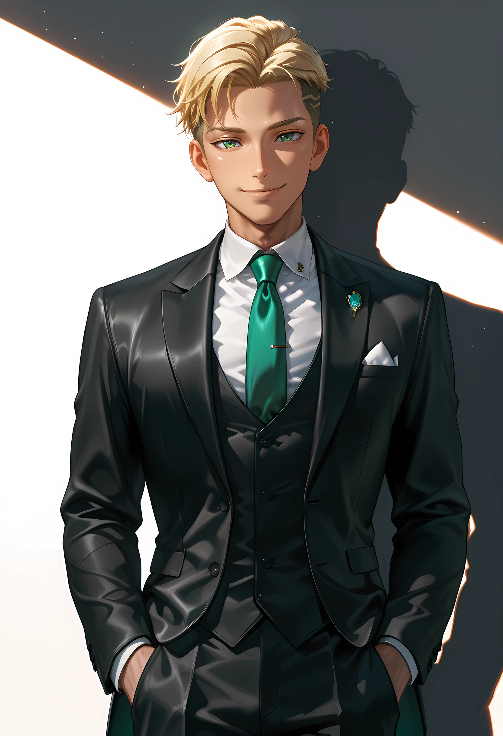 Smooth Quality - Illustrious, Masterpiece, source_anime, man, cowboy shot, handsome, fit, blonde hair, undercut hair, green eyes, smiling, happy, kind expression, kind eyes, hands in pockets, butler outfit, black suit, white collar, green tie, (white background), vivid colors, shiny and glossy, anime style, high-res, beautiful aesthetic, very intricate, high-quality details, vibrant, highly detailed, professional,