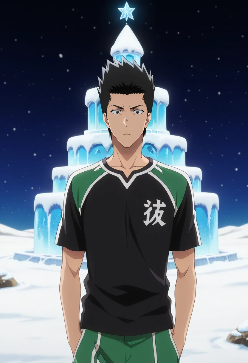 masterpiece, best quality, intricate details, anime screencap, anime coloring, official style, looking at viewer, 1boy, solo, male focus, <lora:isshin_kurosaki_ilxl:1>, isshin_kurosaki, black hair, black eyes, short hair, spiked hair, , snow castle, ice sculptures, frozen fountain, northern lights, admiring pose, awestruck expression, night, Green Twill Board pants, Baseball shirt, Brogues, ,