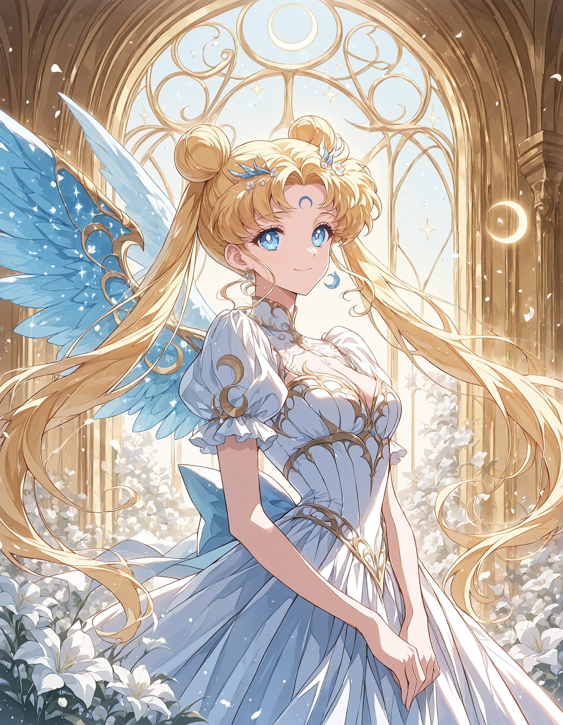 masterpiece, best quality, very aesthetic,newest, very awa,  <lora:S4ilor_style_illu_2:1>,S4ilor_style_illu, 1girl, solo, blonde hair, long hair, dress, double bun, flower, hair bun, crescent facial mark, white dress, facial mark, twintails, smile, wings, blue eyes,ethereal lighting, fantasy artwork, detailed illustration, soft color palette, dreamy atmosphere,  whimsical, delicate, enchanted