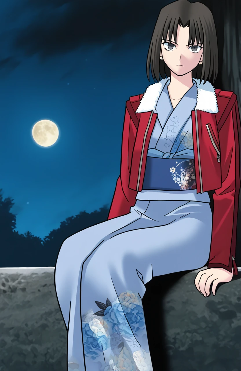 masterpiece, best quality, ryougi shiki, short hair, black hair, black eyes, red leather jacket, fur trim, blue kimono, obi, 1girl, outdoors, moon, sitting, looking at viewer,   <lora:Tsukihime NXL:1>