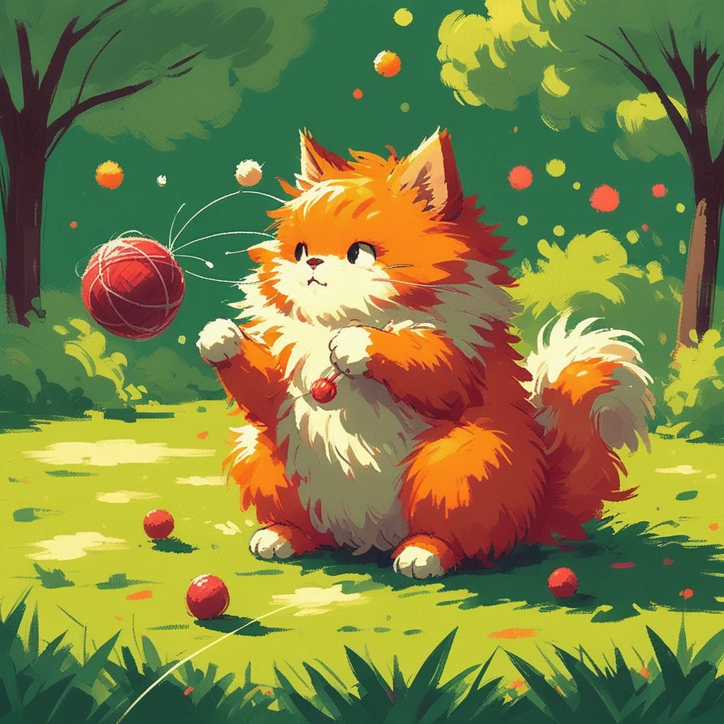 Special Ink-drawing mode, intricate linework with expressive contrasts, vibrant and muted colors blend harmoniously, era 2020s fantasy, varied fashion themes, solo, bold and imaginative style, Rating SFW, (fluffy red cat playing with a ball of wool on the lawn ), soft lighting with dynamic highlights,2D flat anime,animeniji