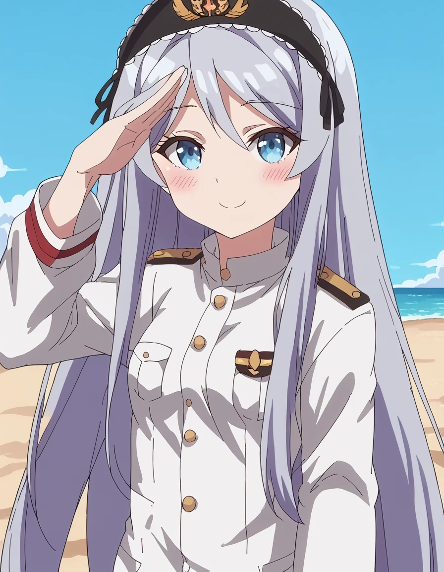 score_9, score_8_up, score_7_up, source_anime, <lora:shisei-houjo-alpha-ponyxl-lora-nochekaiser:1>, shisei houjo, long hair, blue eyes, very long hair, grey hair, black hairband, maturefemale, small breasts, anime screencap, <lora:kancolle-admiral-cosplay-ponyxl-lora-nochekaiser:1>, kancolle admiral cosplay, admiral (kancolle) (cosplay), naval uniform, cosplay, military uniform, military, peaked cap,, beach, salute, blush, smile, cowboy shot, looking at viewer,, , cowboy shot, solo