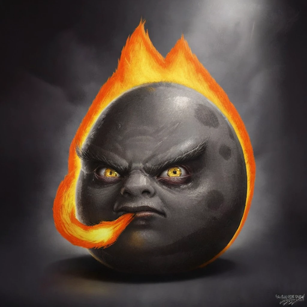 SamSprattAngryBirds, solo, detailed pores, wrinkles, Head only, close up, cropped body, upper body, bodyless, no body, head view, head focus, upper body, headshot, face focus, furrowed eyebrows, realistic, cartoonish, hyper-realistic, digital painting, digital art, painting, oil painting style, dramatic lighting, single light source, soft glow, muted background, radial gradient, spotlight effect, realism, dramatic composition, reflective highlights, round character, round head, looking at viewer, human, colored skin, noseless, no nose, no nostrils, 1boy, MeteoricBrawl, Brownish dark grey skin, dark gray skin, dark-skinned, orange flames, yellow flames, yellow eyes, head on fire, on fire, burning, burning character, angry, closed mouth, angled view