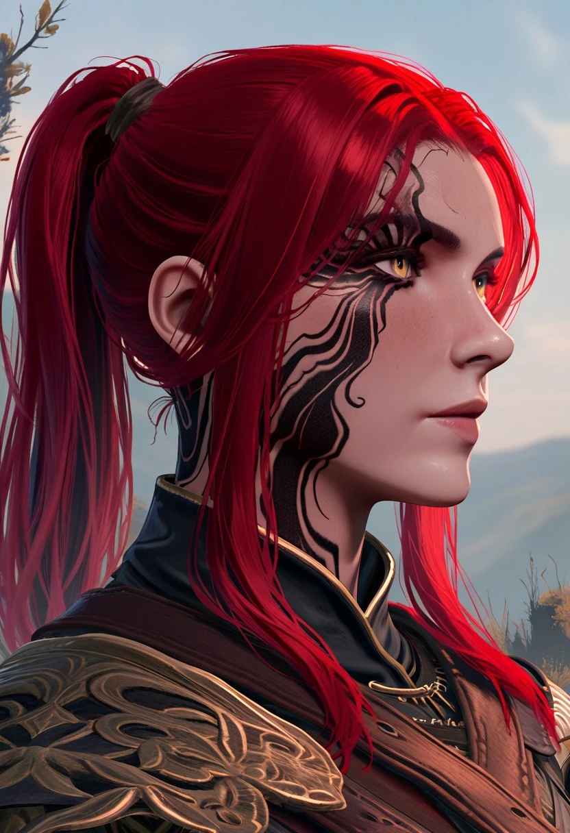 masterpiece, best quality, newest, absurdres, highres, anime, anime style, DreadfogTattoBG3-IL.V1.0, tattoo, face tattoo, 1girl, millicent \(elden ring\), yellow eyes, red hair, long hair, ponytail, scar, prosthetic arm, single mechanical arm