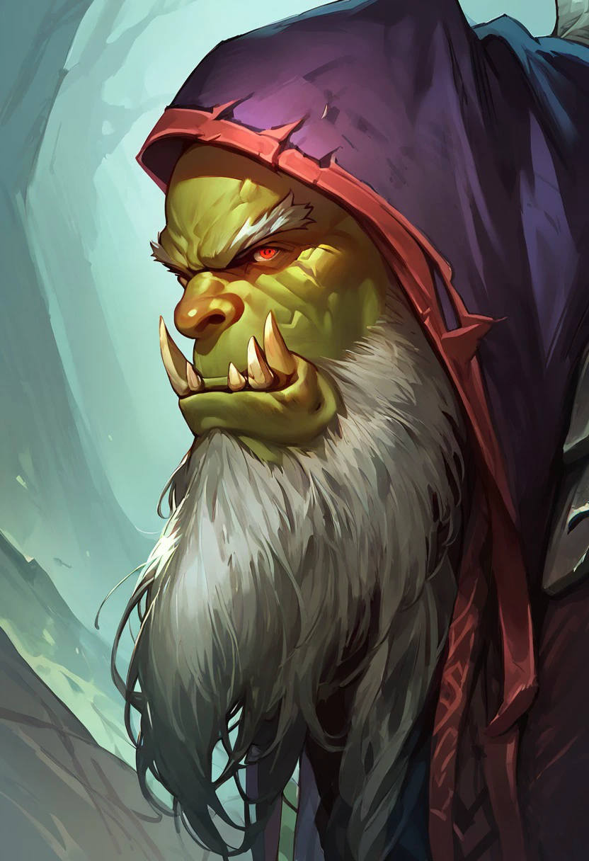 score_9,score_8_up,score_7_up, best quality, portrait, side view, 1boy, solo, guldan, orc, green skin, beard, hood, red eyes, muscular, face focus,