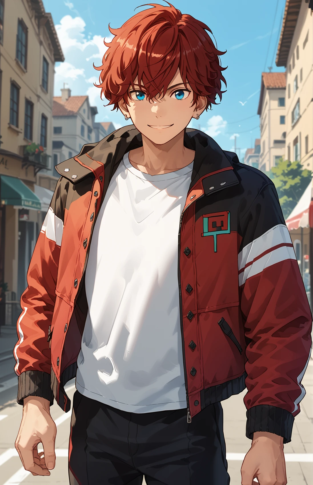 score_9, score_8_up, score_7_up, score_6_up, score_5_up, score_4_up, best quality, masterpiece, outdoor, 
  <lora:hiiro:1> amagi_hiiro, solo, blue eyes, 1boy, male focus, red hair, jacket, pants, shirt, looking at viewer, smile, short hair, jewelry, earrings, hair between eyes