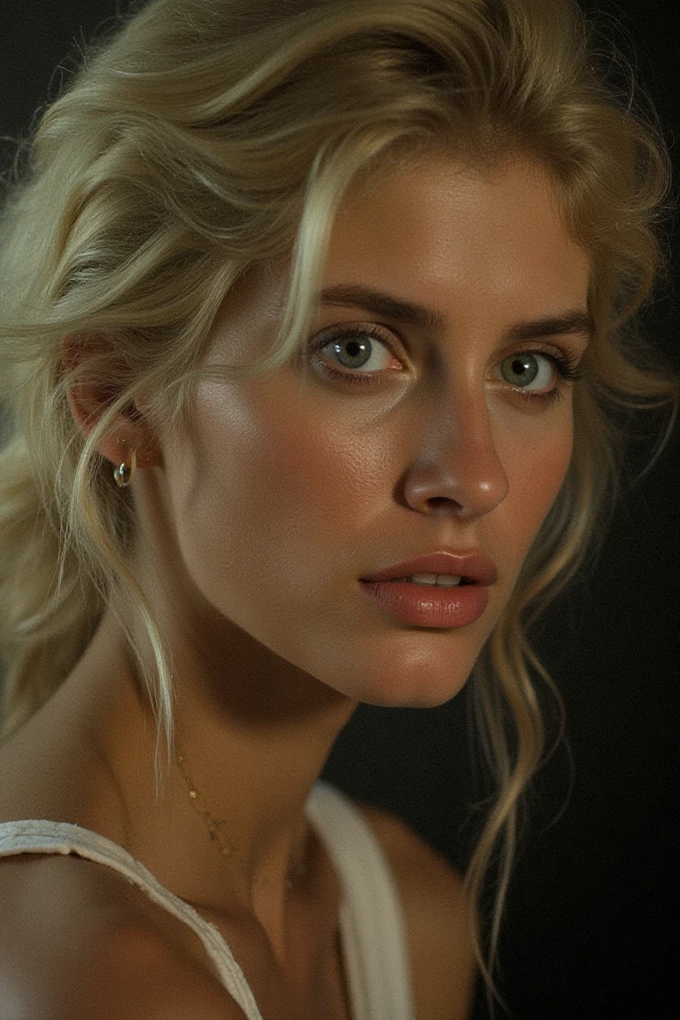 portrait inspired by Peter Lindbergh's photographic style, a blonde woman looking directly into the camera with an intimate and deep expression.,dangflx