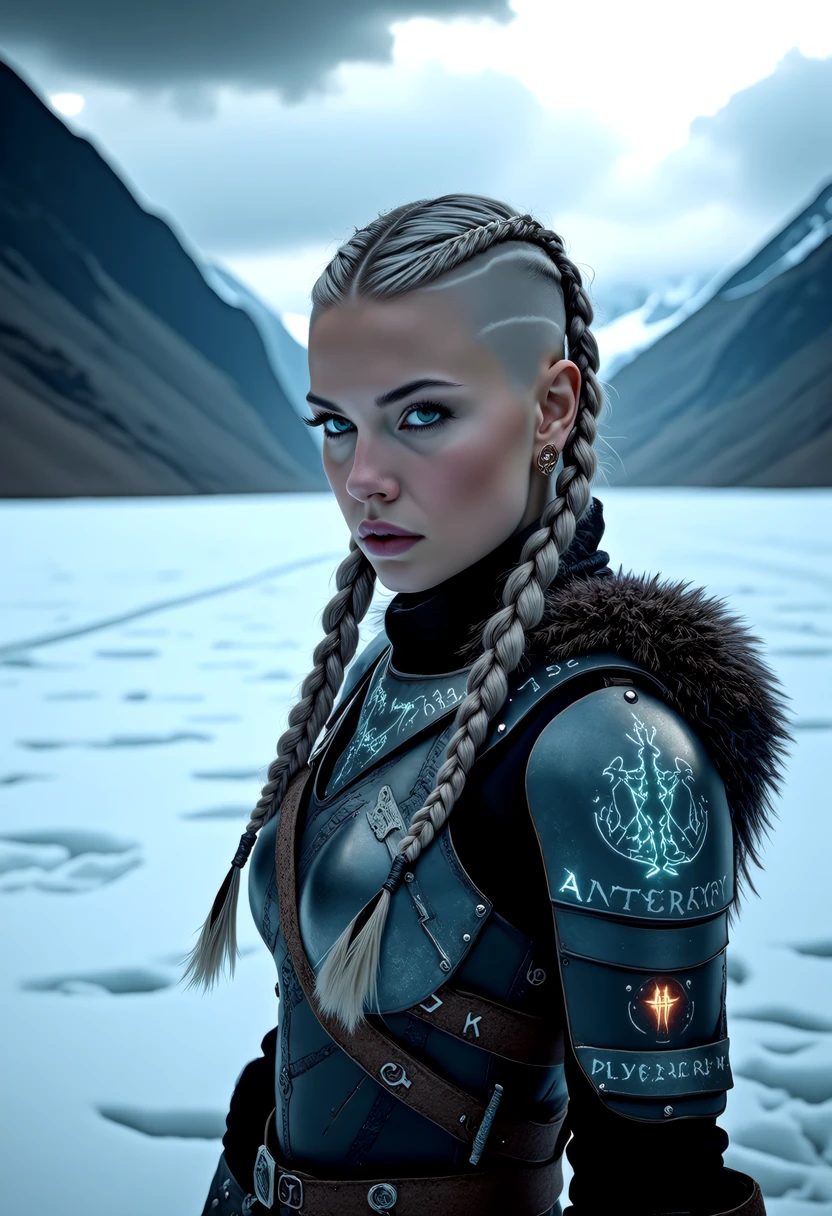 A captivating image emerges, focusing on a viking_punk warrior-princess with her presence commanding attention in the icy wasteland. Her futuristic viking armor based on traditional viking armor, a seamless fusion of technology and her athletic form, slim-athletic form highlights her strength and agility. The warrior's twin braids with shaved sides, frames her determined expression, while her piercing eyes bore into the viewer. Ancient runes are etched into her battleaxe and armor, crackling with mystical glowing energy. The frozen landscape, a testament to her people's resilience, stretches into the distance, where dark, ominous clouds partially veil the rugged mountainous pass, filling the air with crispness and the promise of lightning. This artwork, with its Nordic and Viking-inspired elements, captures the essence of a powerful futuristic figure, seamlessly blending ancient traditions with futuristic innovations. Beauty, chiaroscuro, play of shadow and light, realistic, <lora:artist/style_of_H._R._Giger_FLUX_295-000006.safetensors:1.0>, style of H. R. Giger, <lora:wlop:0.8>, wlop,  <lora:flux/flux realism lora.safetensors:1.0>,  <lora:art and styles/MysticFantasy.safetensors:1.0>,  <lora:scifi/RM Robotify v0.7M.safetensors:1.0>,