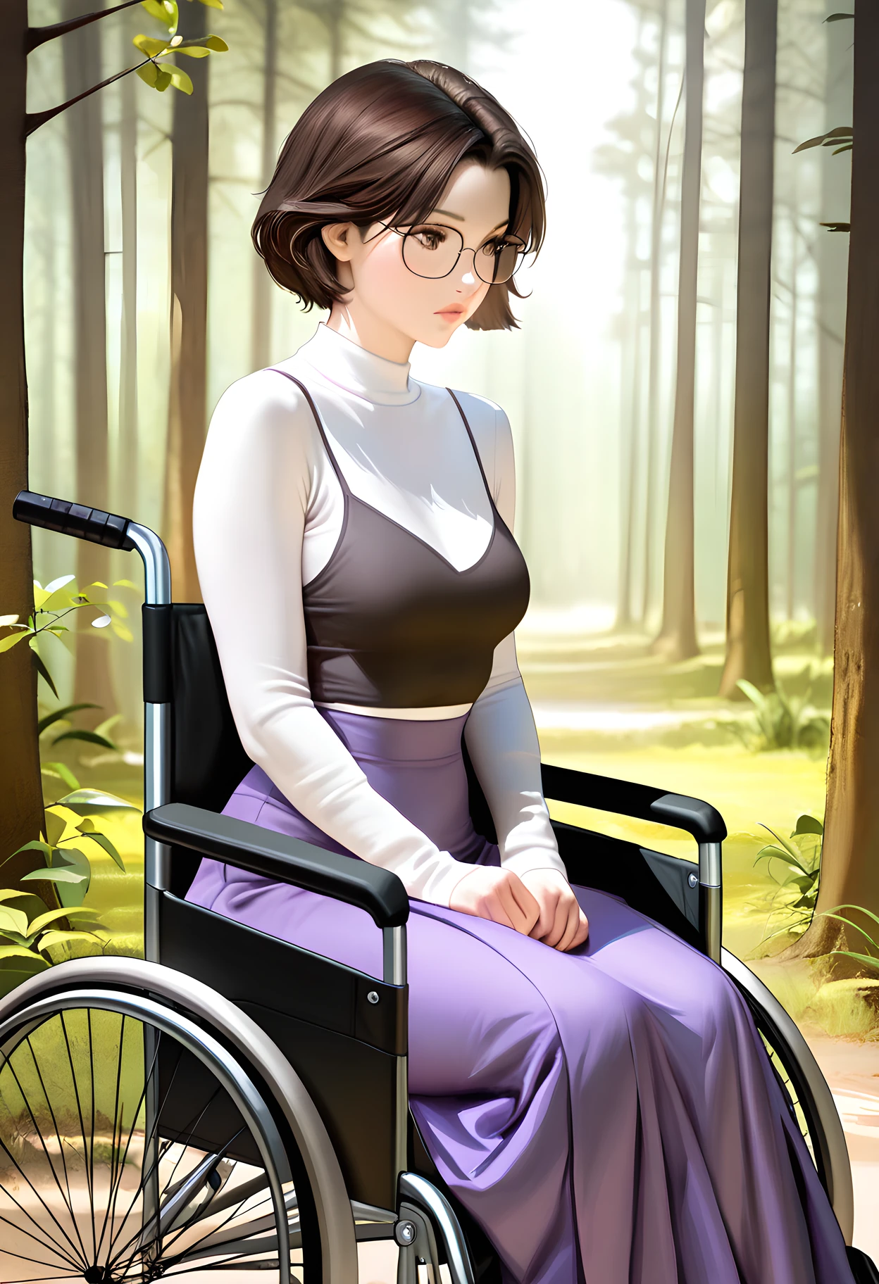 masterpiece, best quality, amazing quality, very aesthetic, absurdres, newest, 1girl, detailed face, 
[[[[bartolomeobari, realistic, sakimichan]]]],
forest background, grey mist in background, outdoors,
<lora:olivia_illustr:1> 0l1v1a_f3ar, glasses, short hair, brown hair, brown eyes, long skirt, purple skirt, skirt, shirt, sweater, wheelchair,
sitting, legs together