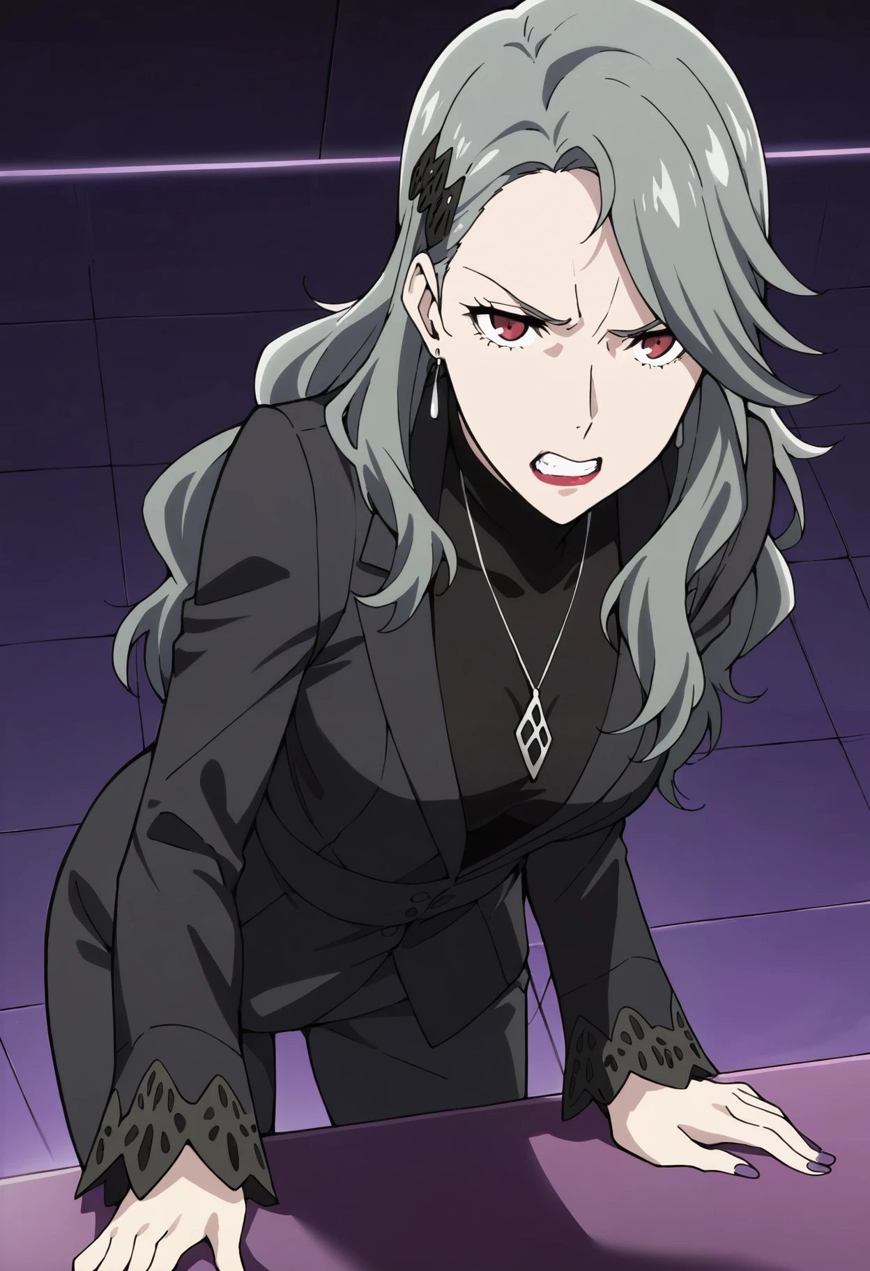 (masterwork, award-winning, masterpiece, best quality:1.2), 
An illustration of a Sae Niijima in an interrogation room. She is wearing her characteristic grey pantsuit. She is looking at the viewer as if she is interrogating him. She has both hands on a table and is leaning forward, aggressively questioning the viewer. She looks angry. The overall style of the illustration is anime-inspired. 
1 girl, solo, cute face,
p5sae, sae niijima, long hair, grey hair, lipstick, makeup, earrings, hair ornament,
p5sae-default, pendant, grey pant suit, formal, turtleneck, suit, purple nail polish,
leaning forward, looking at viewer, grimace, harsh shadows, Dramatic light,