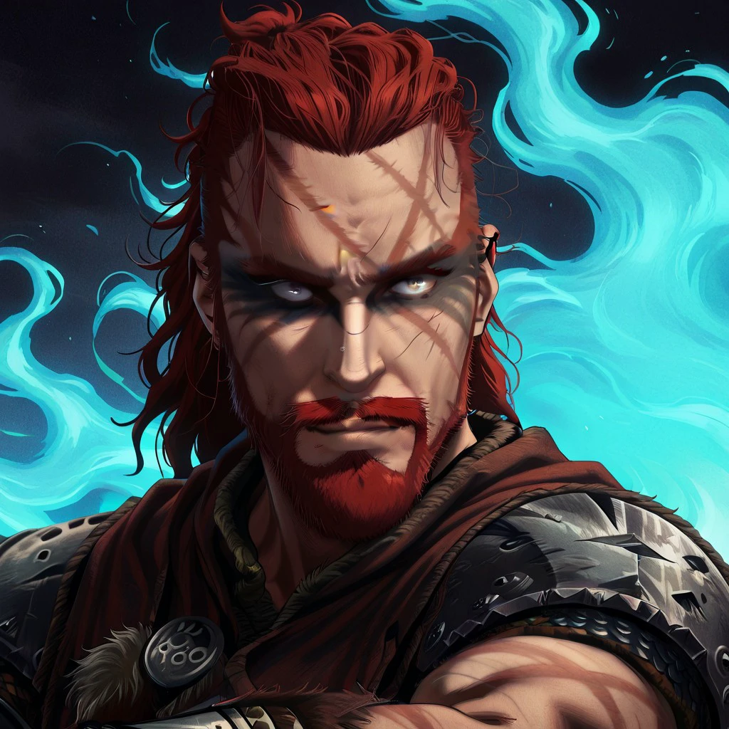 masterpiece, best quality, newest, absurdres, highres, anime, anime style, Vinlandsagastyle-IL.V1.0, VikingWarPaint-V1.0, warpaint, facepaint, makeup, 1boy, viking, red hair, beard, facial hair, mustache, scar, scar on face, scar over eye, armor, muscular, muscular male,
