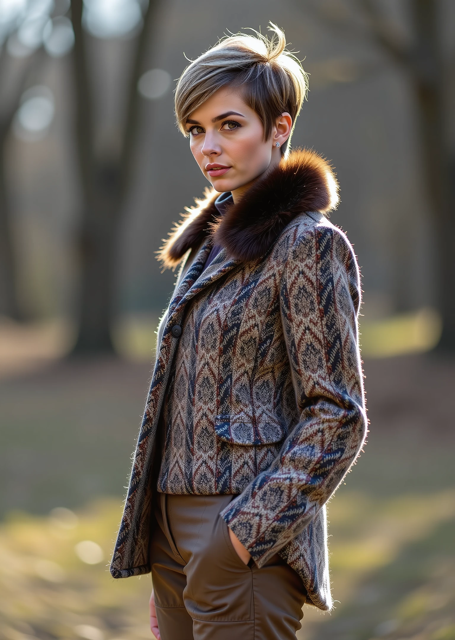 a Gorgeous woman,Pixie cut,two-tone hair,dressed in a tweed coat with a fur collar and wide-leg trousers,Campground,extremely beautiful professional trending on artstation hyperdetailed,Nikon d850,Side lighting