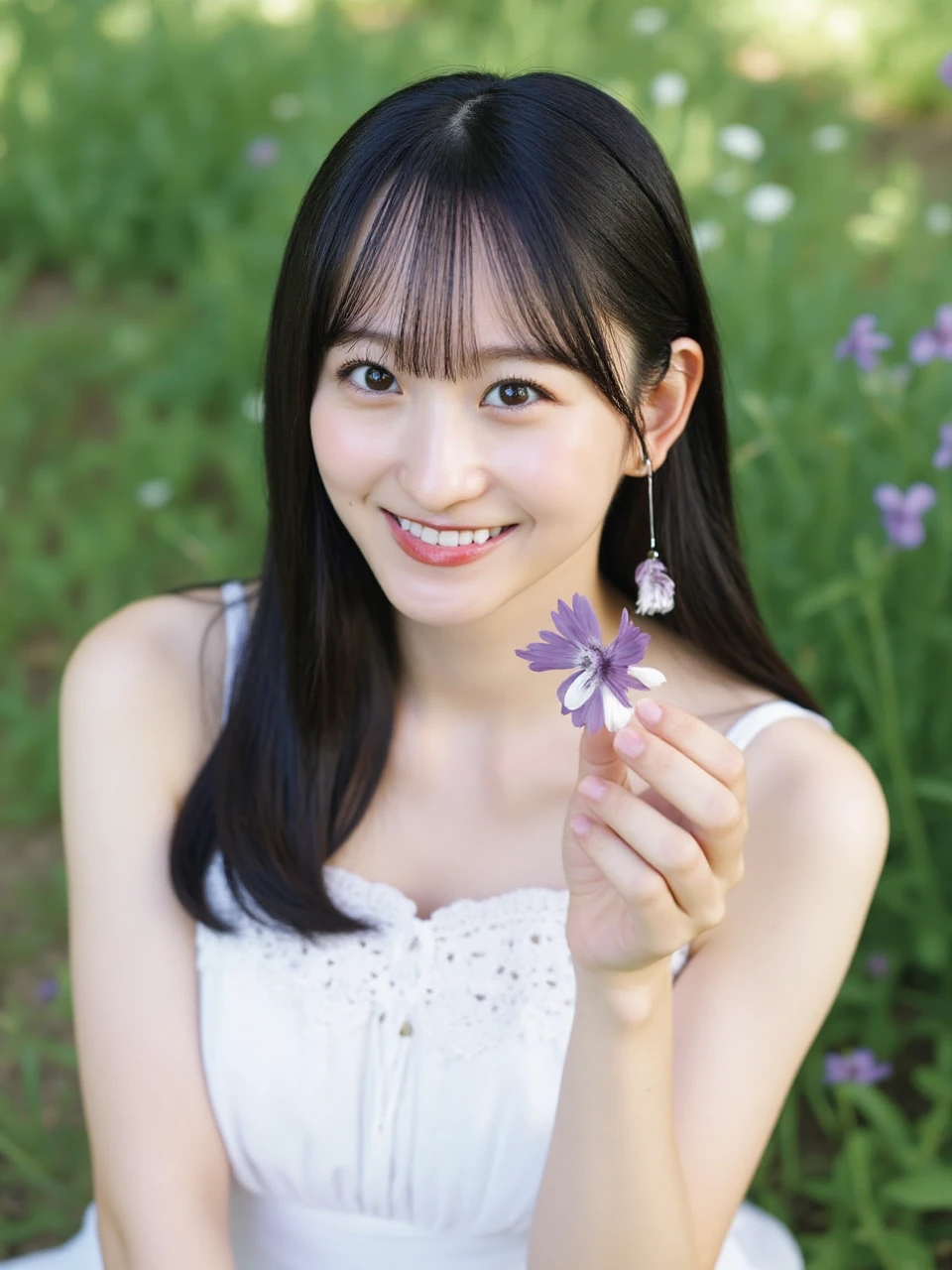 The image is a portrait of a young woman named ichinose sitting on the ground in a garden. She has a slim figure and fair skin. She is wearing a white sleeveless dress with a lace neckline and is holding a small purple flower in her hand. The woman has long dark hair with bangs and is smiling at the camera. The background is blurred, but it appears to be a grassy area with plants and flowers. The lighting is soft and natural, creating a peaceful and serene atmosphere.