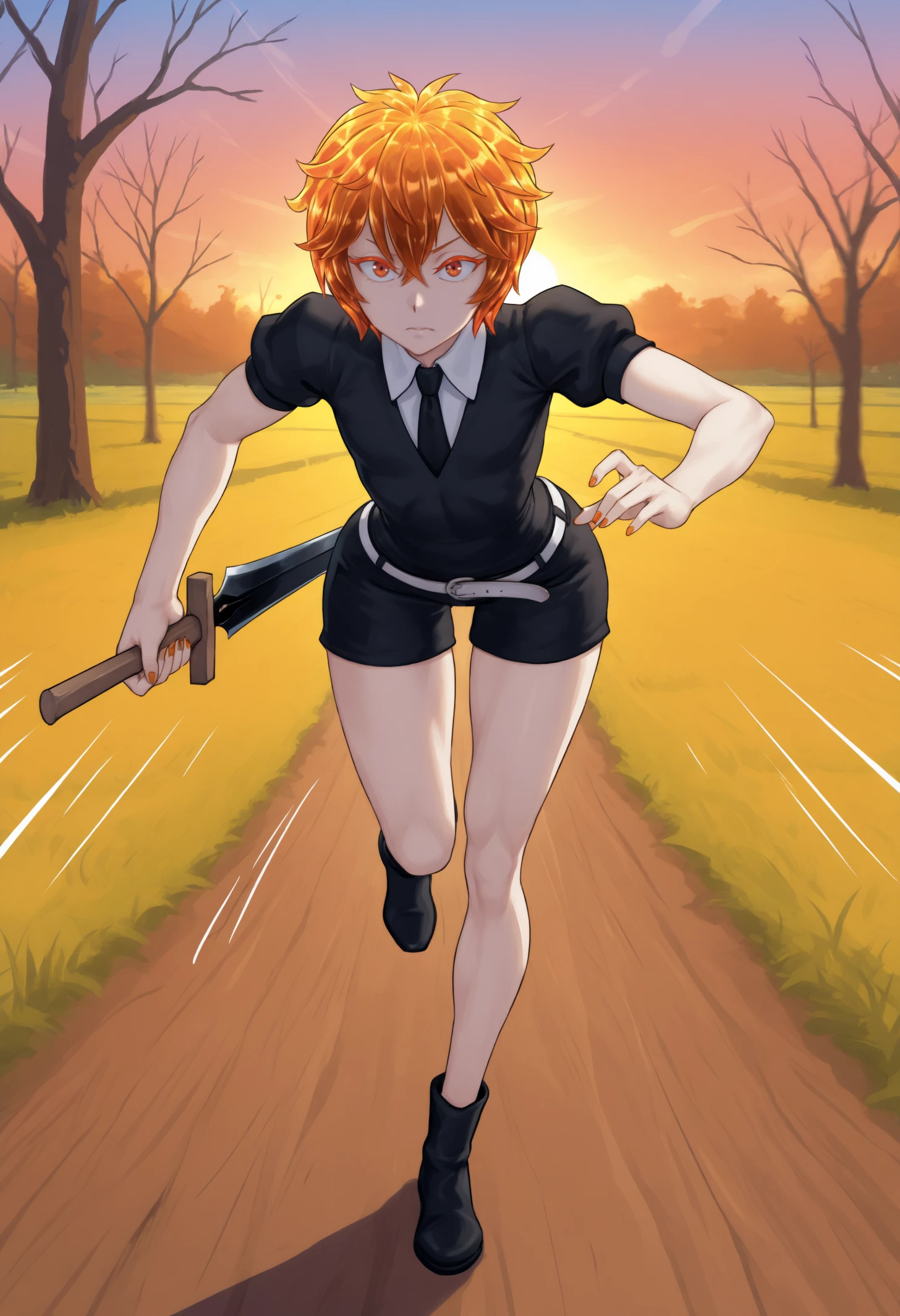 masterpiece, best quality, 1other, androgynous, light skin, colored skin, orange eyes, red eyes, colored eyelashes, orange hair, crystal hair, short hair, orange nails,
slim, skinny,
black shirt, white collared shirt, puffy short sleeves, black necktie, white belt, black shorts, black footwear,
looking at viewer, holding sword, wood sword, wood hilt, obsidian blade, black blade, leaning forward, dynamic pose, foreshortening, motion lines, motion blur, running, running towards viewer, 
outdoors, sunny, sunset, field, bare tree, wide shot, full body,
<lora:Zircon-Houseki-no-Kuni-NoobAi-1.1_V1-Manityro-CAME:1.0>