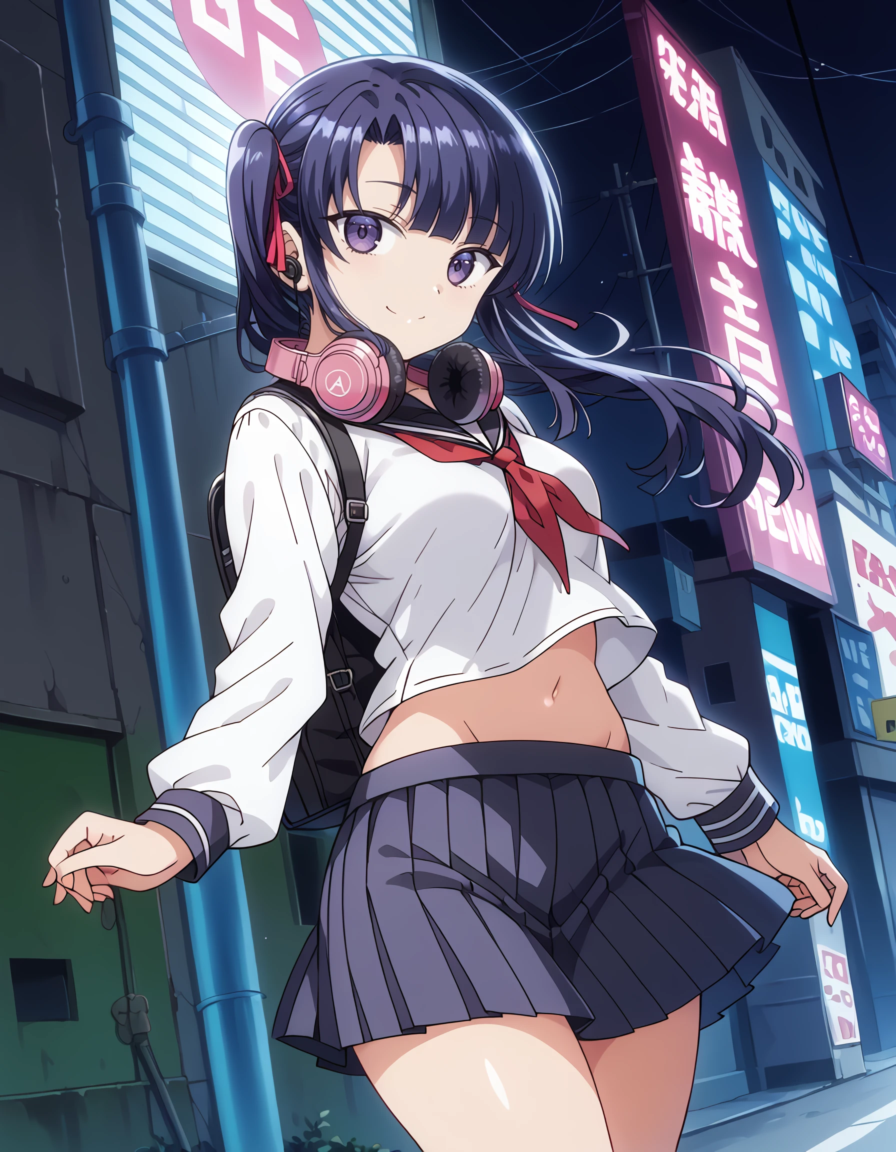 <lora:sakura_pony:1> score_9, score_8_up, score_7_up,source_anime, rating:safe, sakura, long_hair, black_hair, hair_ribbon, purple_eyes, side_ponytail, school_uniform, white_shirt, pleated_skirt, neon_palette, neon_lights, colorful, (izumi_tsubasu:1.0), 1girl, :d, headphones, headphones_around_neck, midriff, navel, smile, solo, stomach, thighs, yume_kawaii, masterpiece, detailed, best_quality