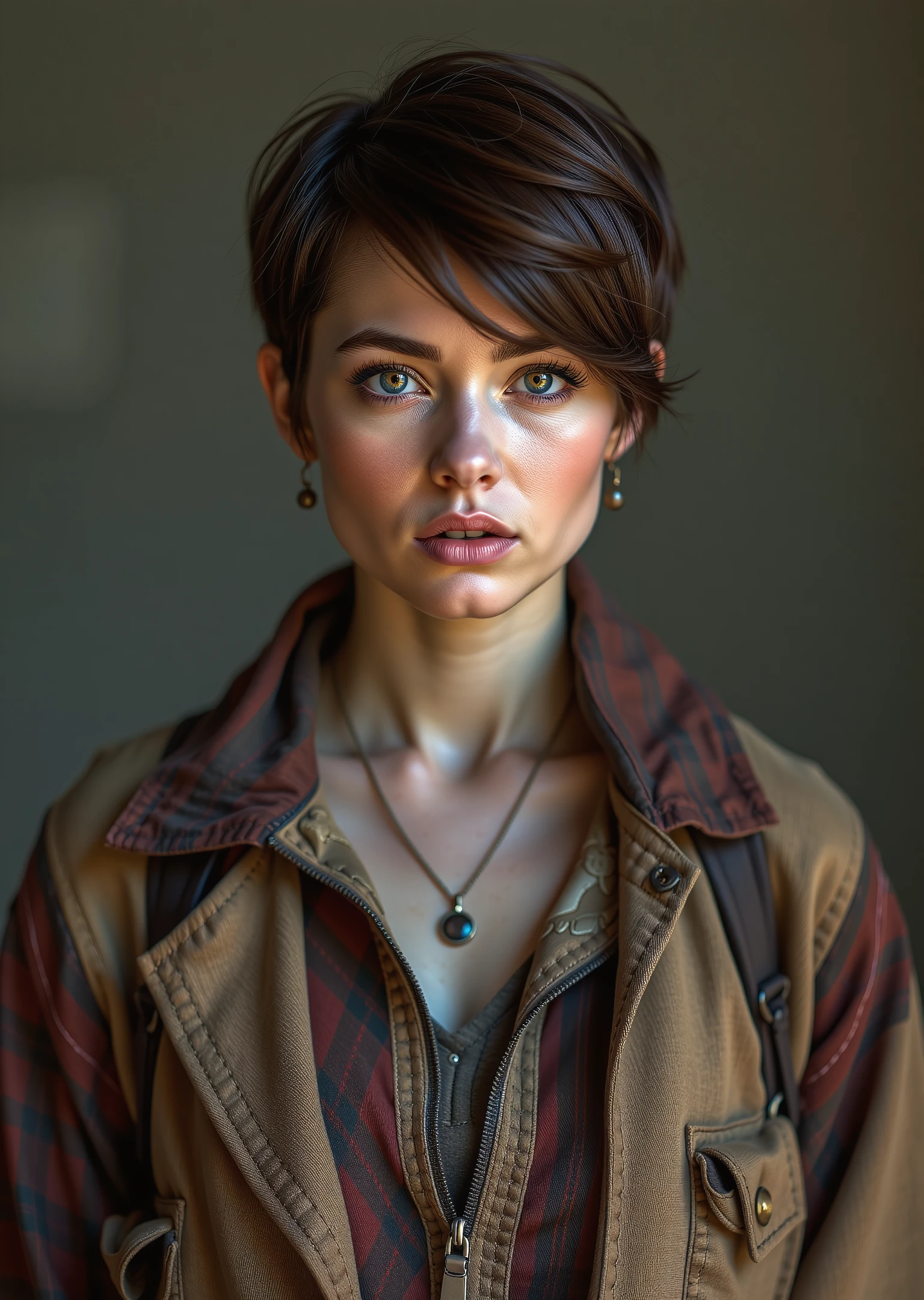 a captivating image of a beautiful woman,Pixie cut,Brown hair,dressed in a layered outfit with unexpected combinations of textures and colors,advocating for animal rights,masterpiece best quality ultra-detailed best shadow amazing realistic picture,Canon 5d mark 4,moody lighting