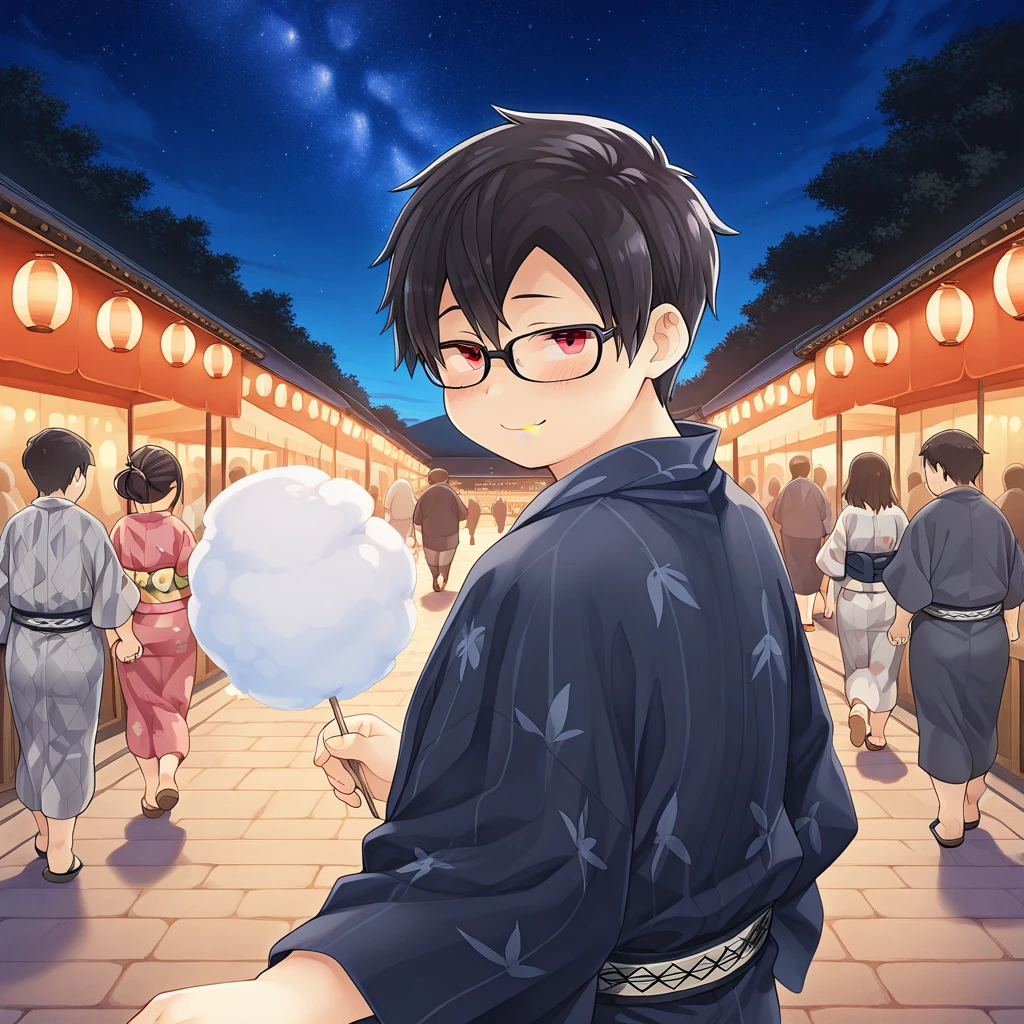 (masterpiece, best quality, amazing quality, colorful, vibrant, very aesthetic, detailed background), <lora:sagami-v1-000009:0.9> t-sagami, 1boy, solo focus, red eyes, glasses, yukata, holding cotton candy, from behind, night, looking at viewer, dark, shadow, holding hand, smile, running, upper body, hand_grab, ((backlighting)), starry sky, BREAK multiple_others, multiple boys, multiple girls,