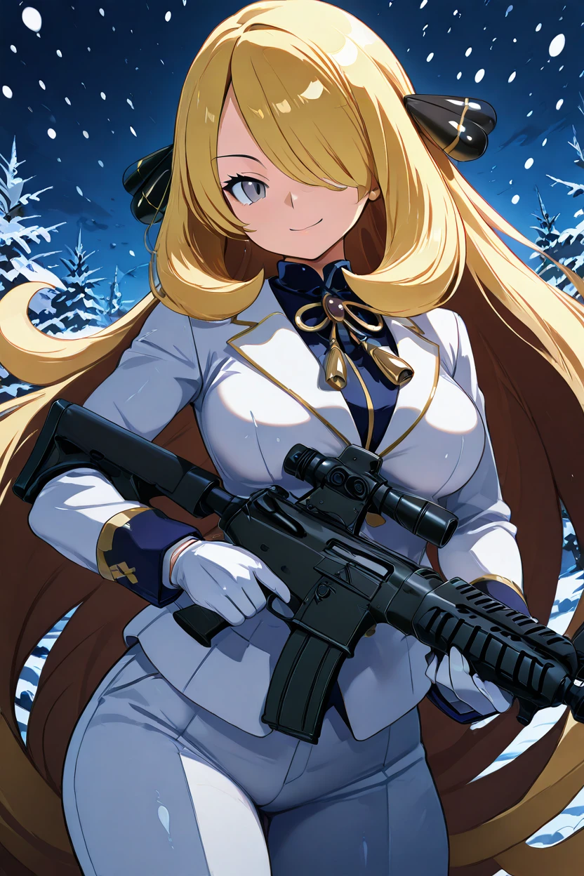 masterpiece, best quality, solo, curvy, beautiful eyes, C007Citron, grey eyes, hair over one eye, blonde hair, hair ornament, long hair, long sleeves, white gloves, white jacket, white pants, alternate costume, shirt, holding gun, snowing, assault rifle, smile, looking at viewer, <lora:Cynthia007IXL:1.0>, from above, dynamic pose, cowboy shot, smile, looking at viewer, shiny skin,<lora:HaradaTakehitoIXL_v3:1.3>, <lora:ZankuroIXLLight_v2:0.6>,