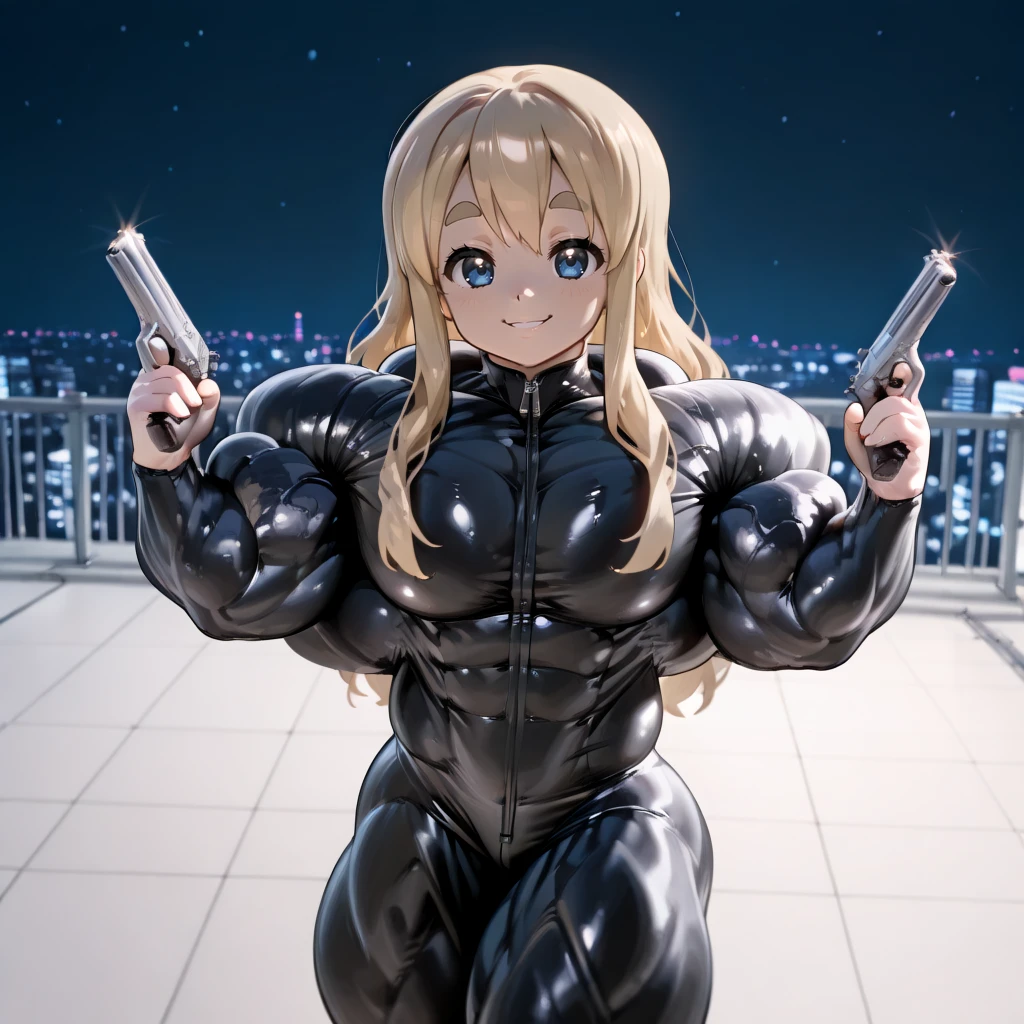 1girl, kotobuki tsumugi, k-on!, 
rooftop, night, holding pistol, dual wielding, seductive smile, 
<lora:Hyper_Muscles_2nd_IL:1> hyper-mscl, muscular female, hyper muscles, 
 <lora:bodysuit_illustrious_V1.0:1> black bodysuit, zipper, skin tight, latex, masterpiece,best_quality, newest, masterpiece, best quality, absurdres, highres, highly detailed, very aesthetic,