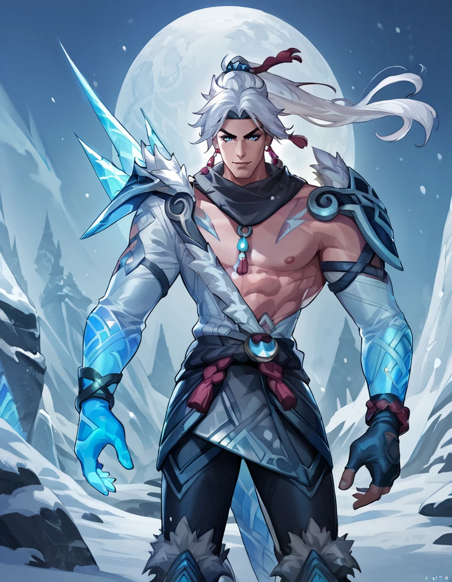 Conceptual Art, Snow_Moon_Varus, solo, bangs, blue eyes, gloves, 1boy, jewelry, standing, jacket, ponytail, white hair, male focus, earrings, alternate costume, pants, fingerless gloves, armor, official alternate costume, fur trim, muscular, glowing, black pants, muscular male, shoulder armor, smile, detail face, dynamic pose, arm back
<lora:add-detail-xl:1> <lora:Expressive_H:1> <lora:Silverjow-Pony-XL-v6:0.6> <lora:Snow_Moon_Varus-03:1>, score_9, score_8_up, score_7_up, beautiful aesthetic, very intricate, high quality details, rating_explicit, (perfect anatomy:1.4),(ultra detailed:1.4),, concept art