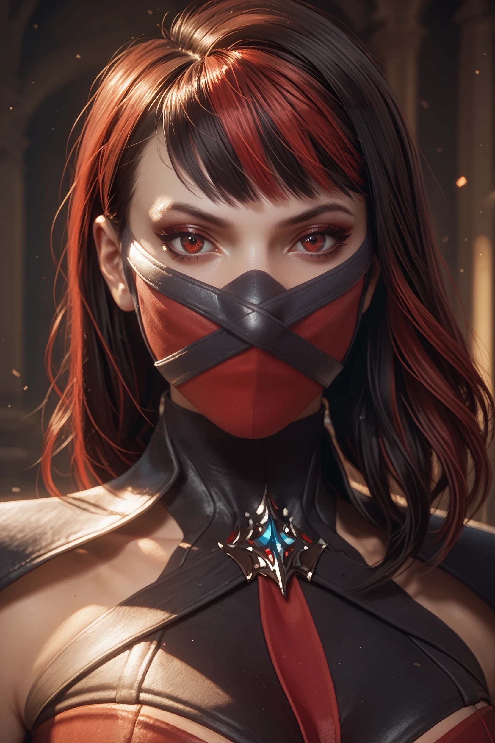 Red Ninja Women ((Brown hair / upper naked body /mask ))
