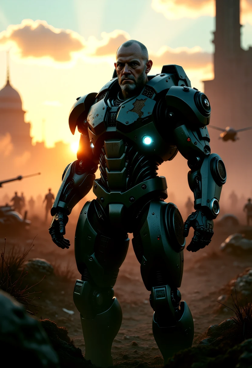 A futuristic battlefield reveals a captivating scene. YoungMoxie, a grizzled cyborg, stands amidst the chaos with his face clearly lit, his exosuit, now worn with battle damage, reflecting the setting sun's rays. The exosuit, a masterpiece of gothic design, enhances his muscular frame, its bulkiness conveying strength and resilience. YoungMoxie's presence, a fusion of human and machine, exudes determination and a sense of duty. This cinematic film still, with its retro arcade style, captures a moment of intense action, where his cybernetic enhancements and battle-worn armor leave viewers enthralled by the fusion of technology and warfare in this dystopian, futuristic world,   <lora:flux_realism_lora:1.0>,  <lora:MysticFantasy:1.0> <lora:RM_Robotify_v0.7M:0.8>  <lora:ARTifacts:0.8>âââ