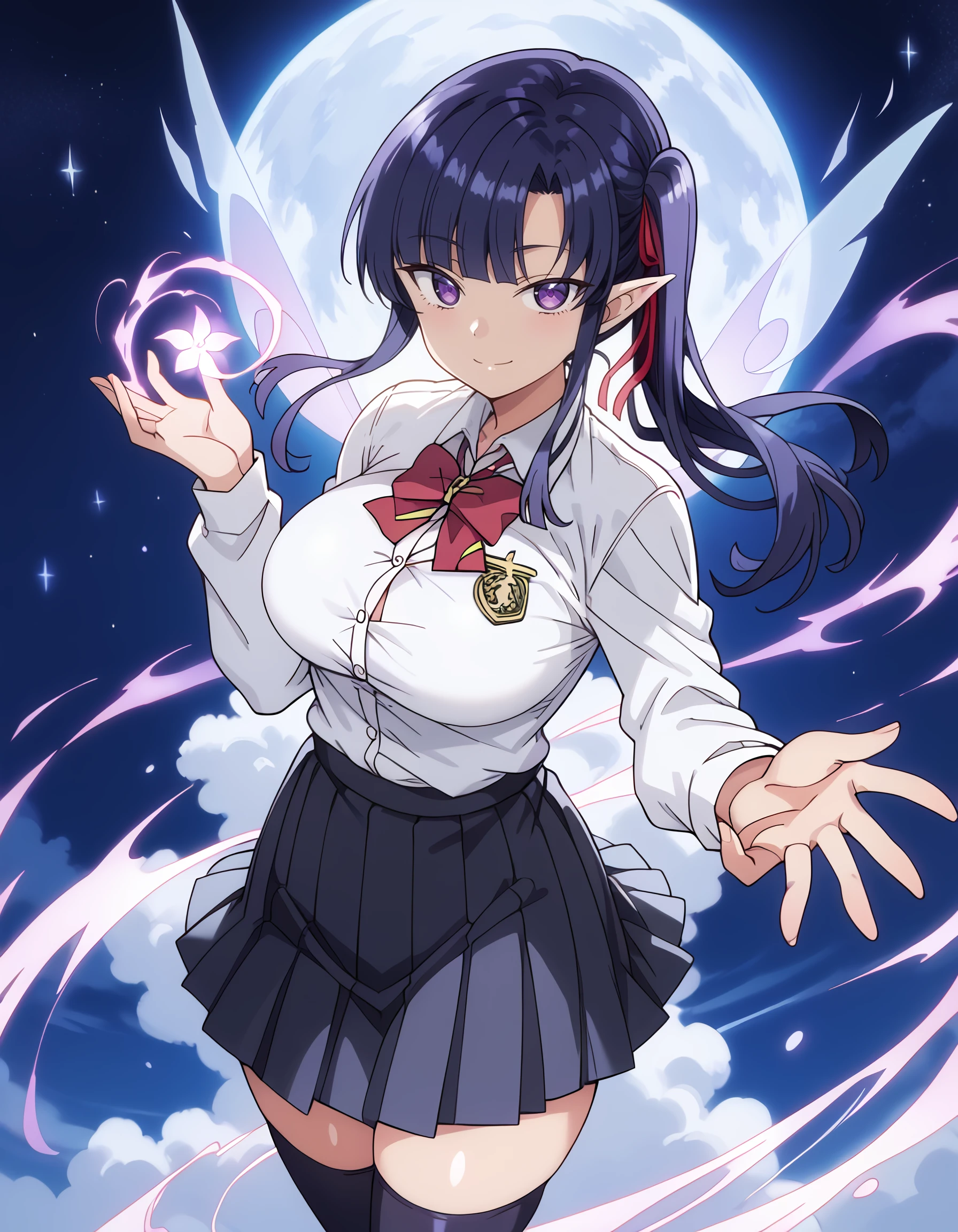 <lora:sakura_pony:1> score_9, score_8_up, score_7_up,source_anime, rating:safe, sakura, long_hair, black_hair, hair_ribbon, purple_eyes, side_ponytail, school_uniform, white_shirt, pleated_skirt, 1girl, breasts, cleavage, elf, energy, fairy, glowing, large_breasts, magic, one_eye_closed, smile, solo, thighhighs, (tsuruse:0.8, nori_tamago:0.8), masterpiece, detailed, best_quality