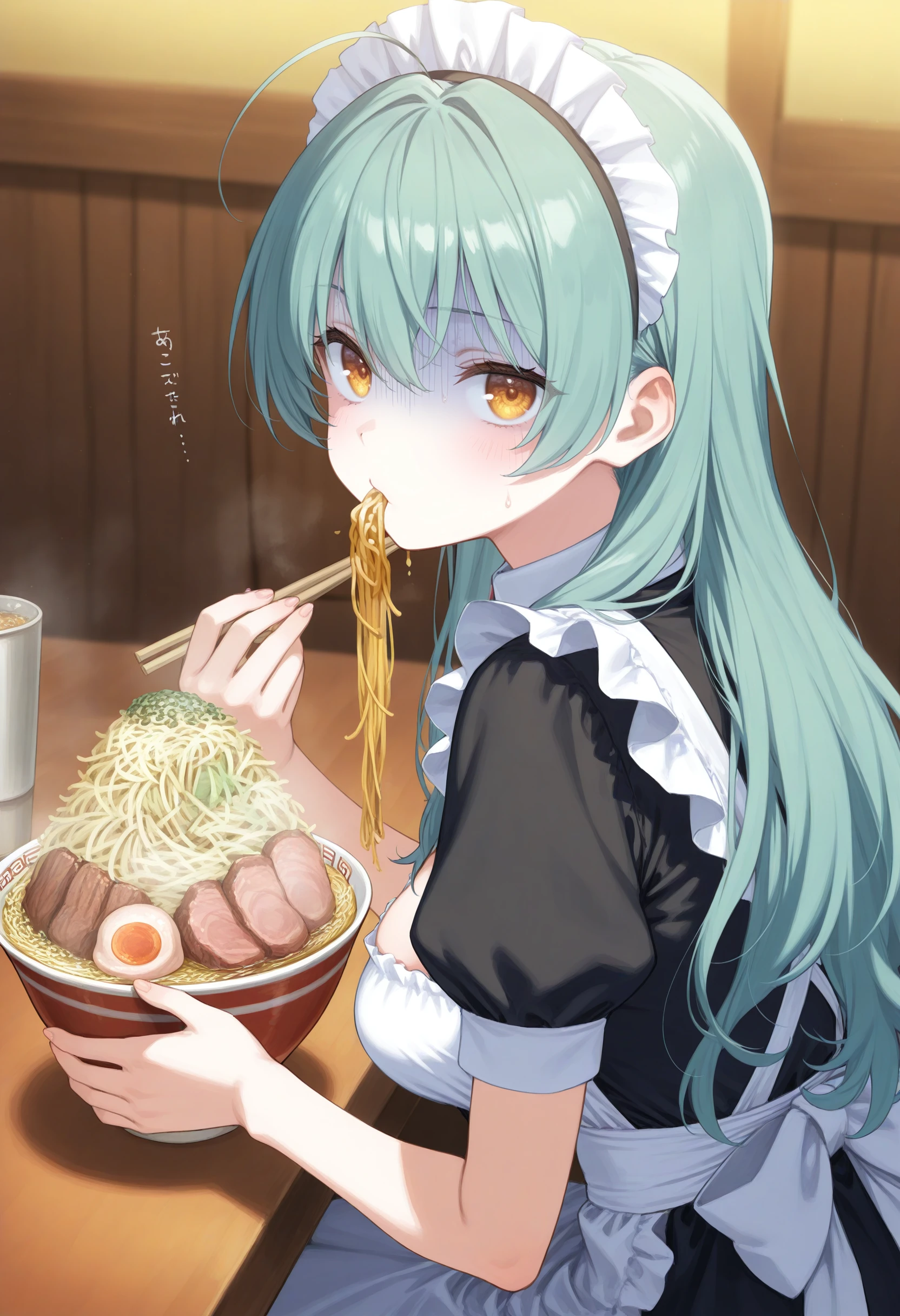 1girl,(sho \(sho lwlw\):0.7),(toosaka asagi:0.5),(sincos:0.3),solo,
masterpiece, best quality, newest, absurdres, CG, anime, source anime, illustration,
maid, maid headdress,medium breasts,
jirou,ramen,eating, noodles, holding bowl, sitting, table, <lora:jirou_Illust_v1:0.8>
from behind, portrait, looking up, aqua hair, golden eyes,gloom \(expression\), lightly curled inwards hair,