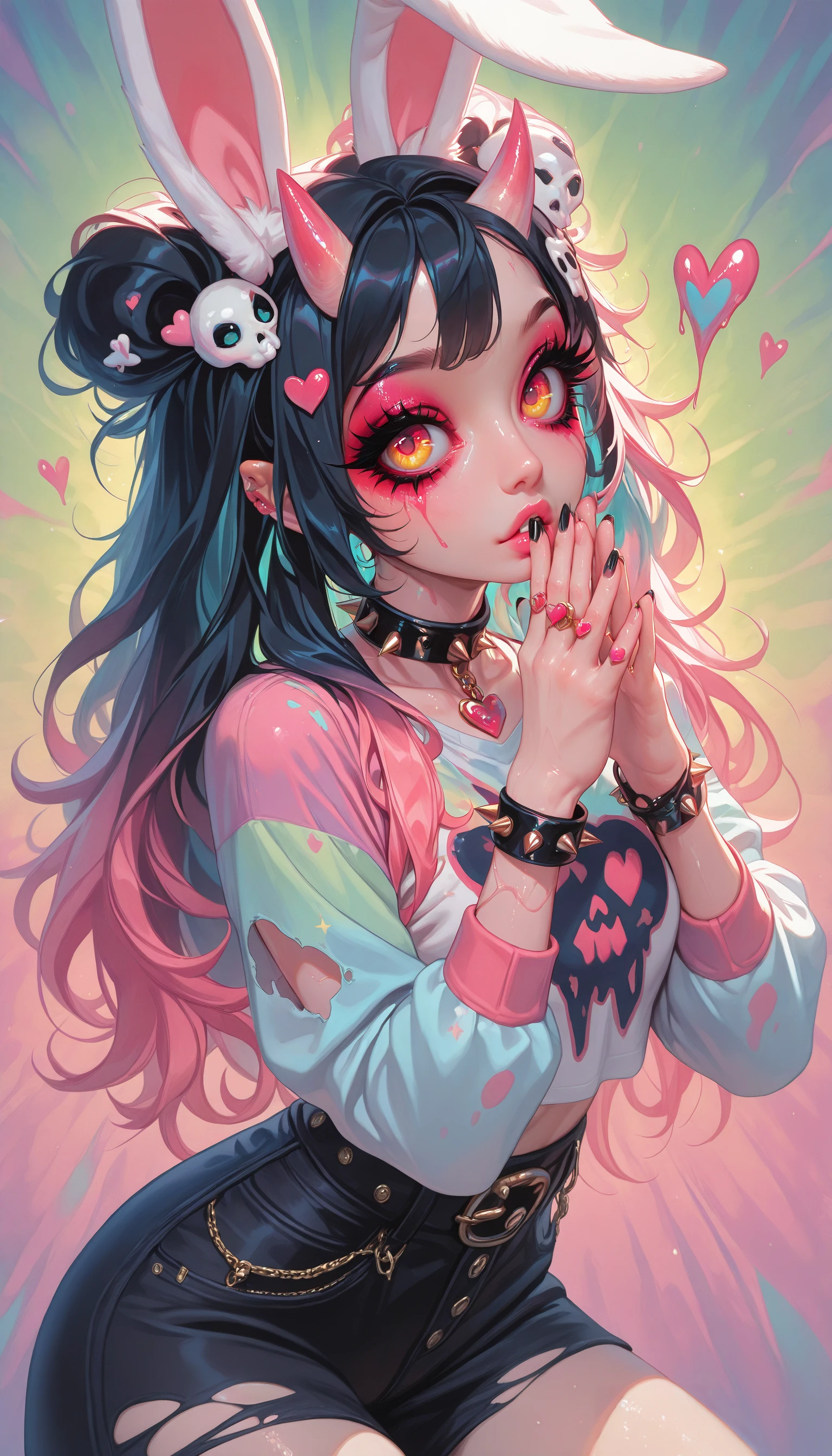 (masterpiece, best quality, semi-realistic, amazing quality, very aesthetic, absurdres, newest)
(Psychedelic Porn Crumpets, black hair, nail polish, multicolored shirt, skull hair ornament, hair ornament, spiked bracelet, shorts, heart-shaped pupils, rabbit ears, skirt, heart, demon horns, pink hair, red eyes, torn clothes