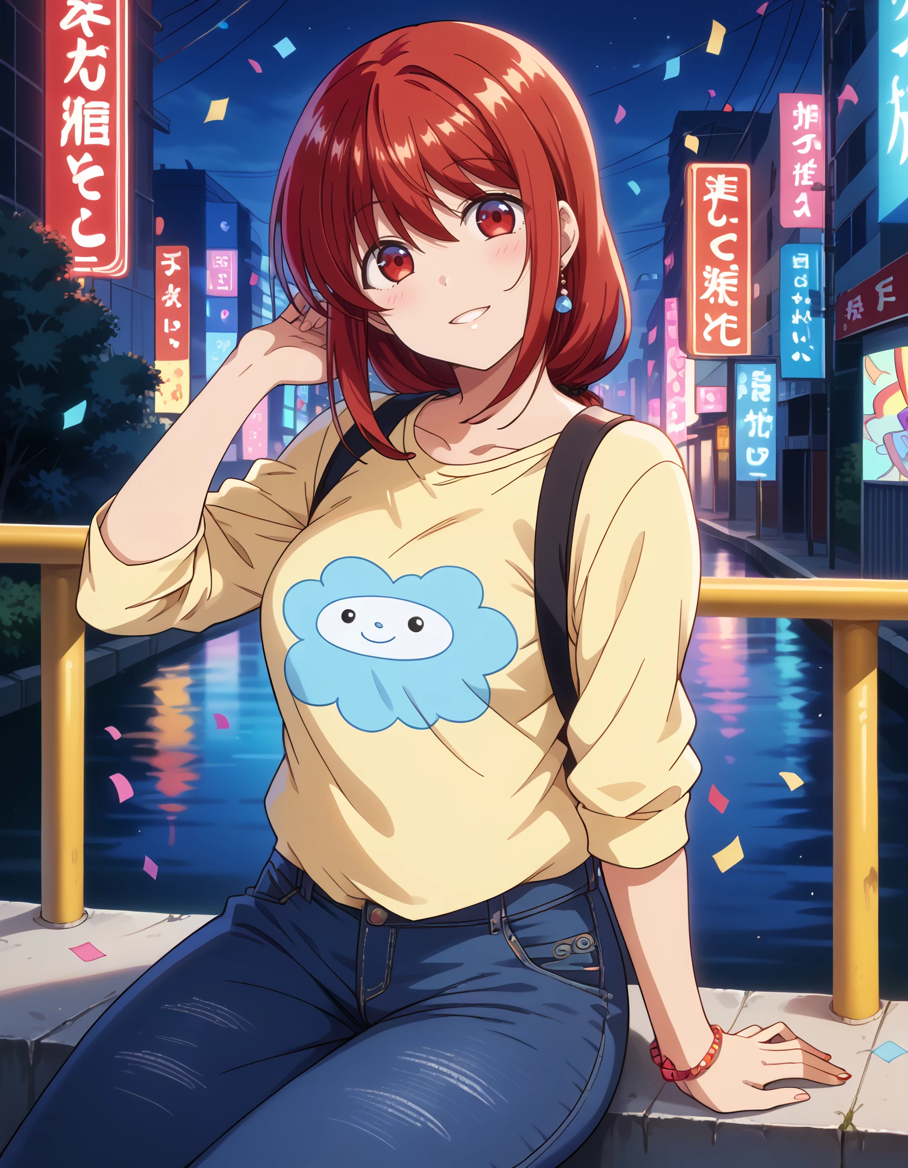 <lora:natsumi_pony:1> score_9, score_8_up, score_7_up,source_anime, rating:safe, natsumi, long_hair, red_hair, red_eyes, mature_female, yellow_shirt, denim, jeans, neon_palette, neon_lights, colorful, (izumi_tsubasu:1.2), 1girl, blush, bridge, confetti, head_tilt, legs, light_smile, looking_at_viewer, parted_lips, rainbow, sitting, masterpiece, detailed, best_quality