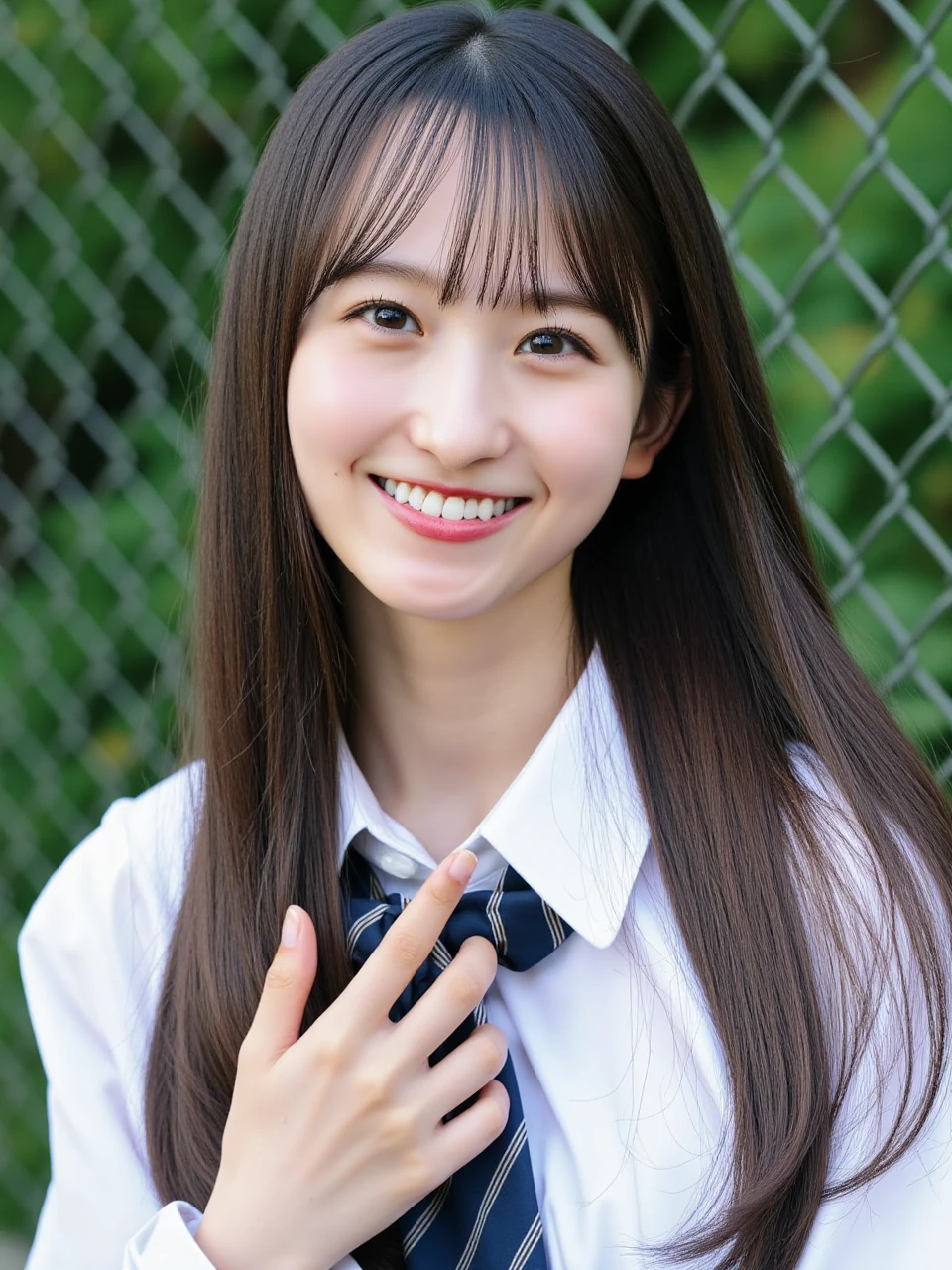 Facial close-up, a sharp focus 35mm photo of a young Japanese woman named ichinose with long hair and fair skin, and hair fluttered in the wind. She wore light makeup, with light red lips. Her figure is very slim, with snow-white skin. She has a slender build and is wearing a white school uniform with a navy blue striped tie. She smiled, showed her teeth, and looked at the camera. Beside her was a chain-link fence. Her right hand is placed on her chest, and her left hand is placed next to her cheek. The background is blurred, suggesting an outdoor setting with greenery. The image conveys a feeling of youthfulness, casualness, and a sense of playful energy. The lighting suggests it's likely daytime, with natural light illuminating the scene.