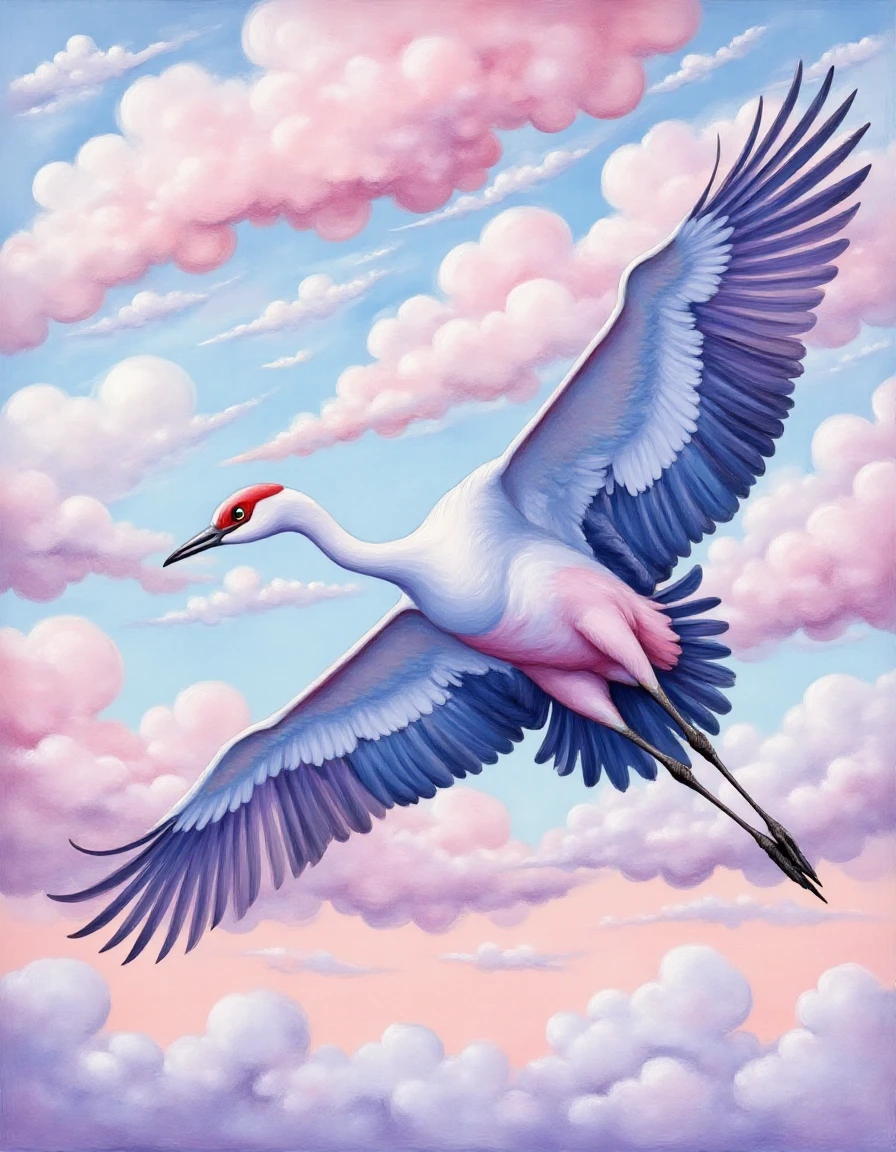 in the style of pastel dream a painting of a sandhill crane soaring through the sky with its wings spread wide, against a backdrop of fluffy white clouds. <lora:pastel-dream:1>