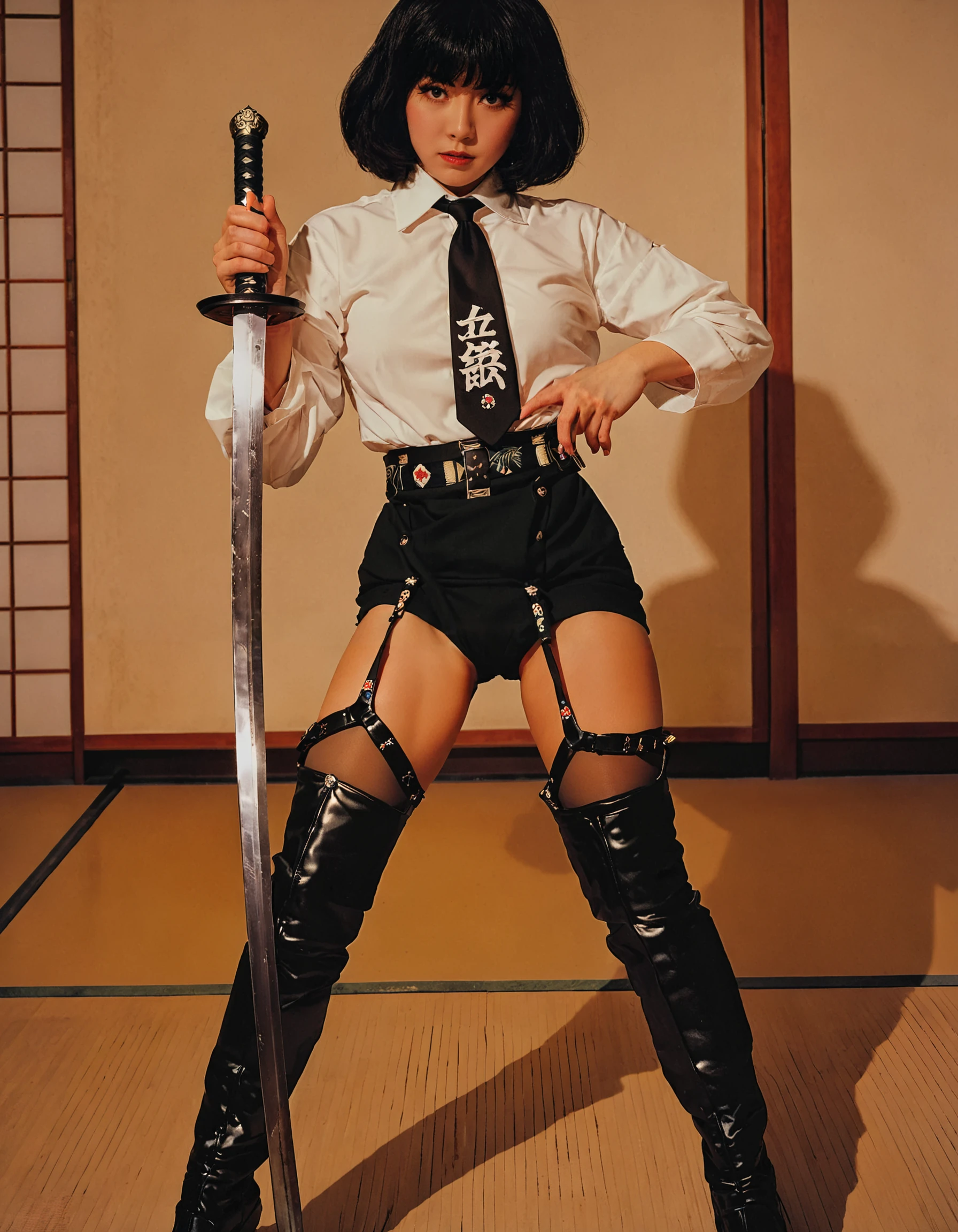 Japanese Culture Style, Neo Photorealistic Art, Emotional Photos, 35mm film, Young Japanese Woman , Black short hair, Platform thigh boots, white shirt, black tie, Stockings, badass, provocative pose Standing, A Japanese sword is stuck into the ground, in an intricate dojo decorated with Japanese prints in background