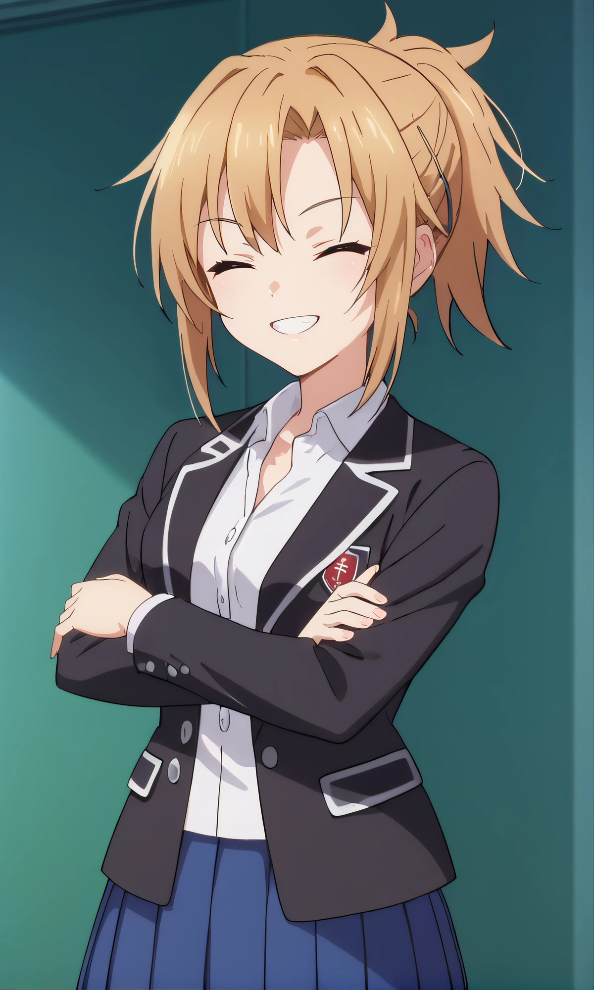 score_9, score_8_up, score_7_up, source_anime, rating_safe, intricate details, anime screencap, official style, anime coloring, 1girl, solo, <lora:Yamabuki_Ai:1>, yamabukiai, closed eyes, light brown hair, ponytail, school uniform, white shirt, black blazer, blue skirt, pleated skirt, looking at viewer, smile, crossed arms, cowboy shot, indoor, hand on hip, five fingers, grin, teeth