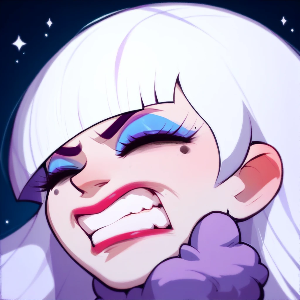 Score_9, score_8_up, score_7_up, str4in, 1girl, solo, white hair, closed eyes, teeth, blunt bangs, makeup, bangs, mole, clenched teeth, mole under eye, eyeshadow