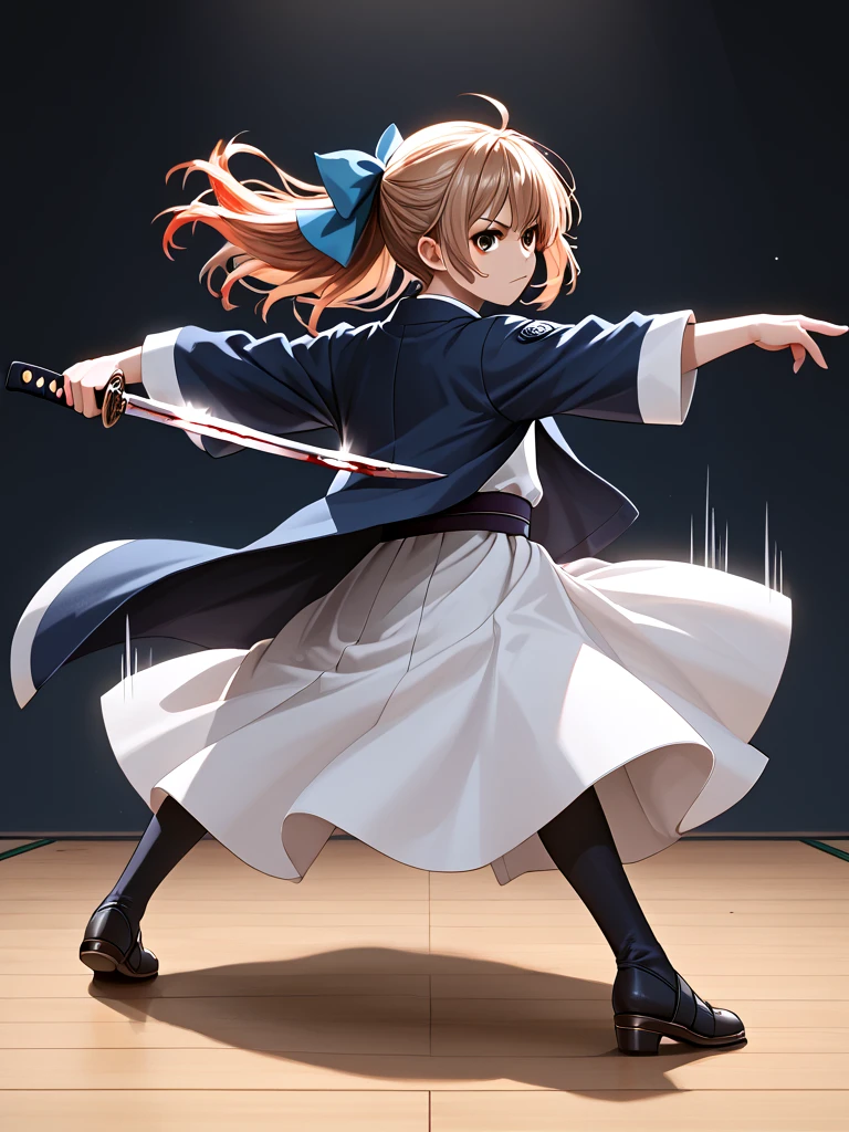 score_9, source_anime, holding katana, holding knife, hand on hilt, battle stance, dancing, lunge, 1girl, updo, hair bow, japanese clothes, open coat, full body, motion blur, motion lines, speed lines, wind lift, spin in place, [(((flaming_weapon, blood_on_knife))):14], <lora:girllikekatanaandknife_pony:0.6>