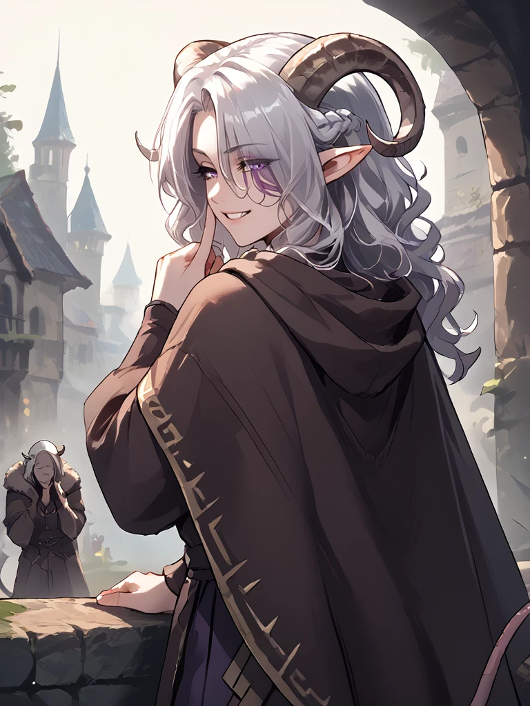 <lora:whisker_markings:1>red whisker_markings:1.7,naughty face, pointy ears, tiefling, silver hair, ivory sheep horn,
silver long wavy hair, bell necklace, short pointy ears, purple eyes, <lora:age_slider_v4:1> purple pupils,rat tail, shirt, purple eyes, <lora:Test_Diana:0.7> tiefling_bard_diana:1.2, <lora:Erin Danua prefectPonyxl:0.3> white hair, parted bangs, hair over one eye, braid, bent over, from behind, <lora:Travlers_Poncho:0.4> cloak , hood , hood up , hand on hood,<lora:shushing:1> shushing,
source_anime,score_7_up, looking back, grin,