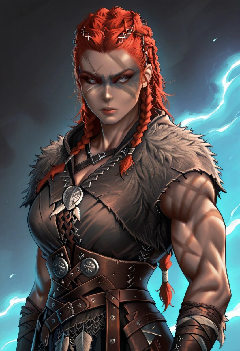 masterpiece, best quality, newest, absurdres, highres, anime, anime style, VikingWarPaint-V1.0, warpaint, facepaint, makeup, 1girl, red hair, braid, viking, valkyrie, scar, scar on face, scar over eye, long hair, muscular woman, muscular, toned