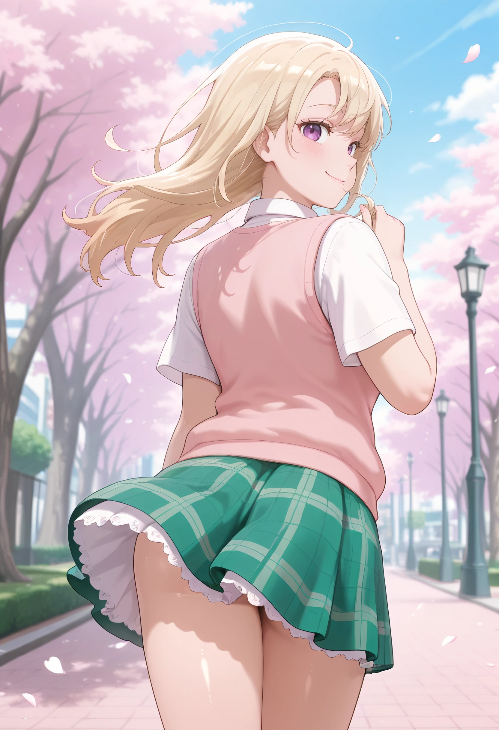 masterpiece,best quality,absurdres, amazing quality, shiny skin
tokyo \(city\), park, falling petals, cowboy shot, looking at viewer, standing, wind, wind lift, smile, looking back, from behind, holding own hair
<lora:KawaiiMona-11:1> kawaiimona, 1girl, long hair, blonde hair, purple eyes, shirt, white shirt, collared shirt, skirt, plaid yellow, plaid skirt, short sleeves, pink sweater vest, green skirt, petticoat, miniskirt,