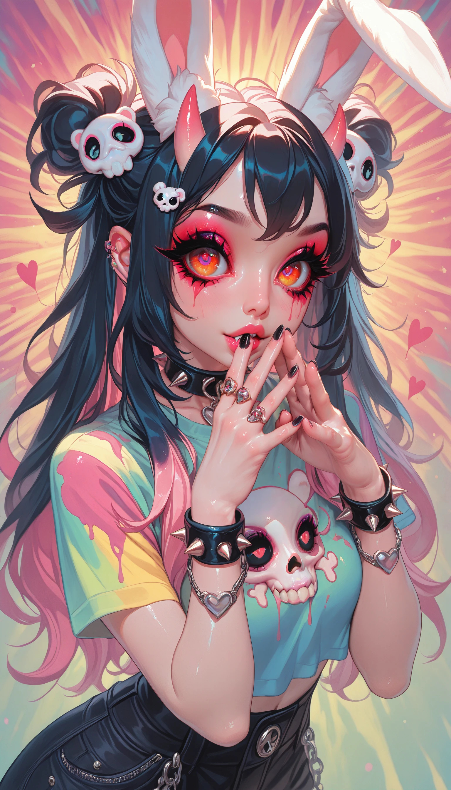 (masterpiece, best quality, semi-realistic, amazing quality, very aesthetic, absurdres, newest)
(Psychedelic Porn Crumpets, black hair, nail polish, multicolored shirt, skull hair ornament, hair ornament, spiked bracelet, shorts, heart-shaped pupils, rabbit ears, skirt, heart, demon horns, pink hair, red eyes, torn clothes