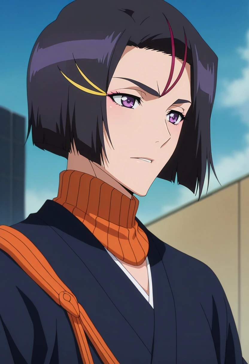 masterpiece, best quality, intricate details, anime screencap, anime coloring, , , 1boy, solo, male focus, <lora:yumichika_ayasegawa_ilxl:0.98>, yumichika_ayasegawa, black hair, purple eyes, short hair, hair ornament, ,