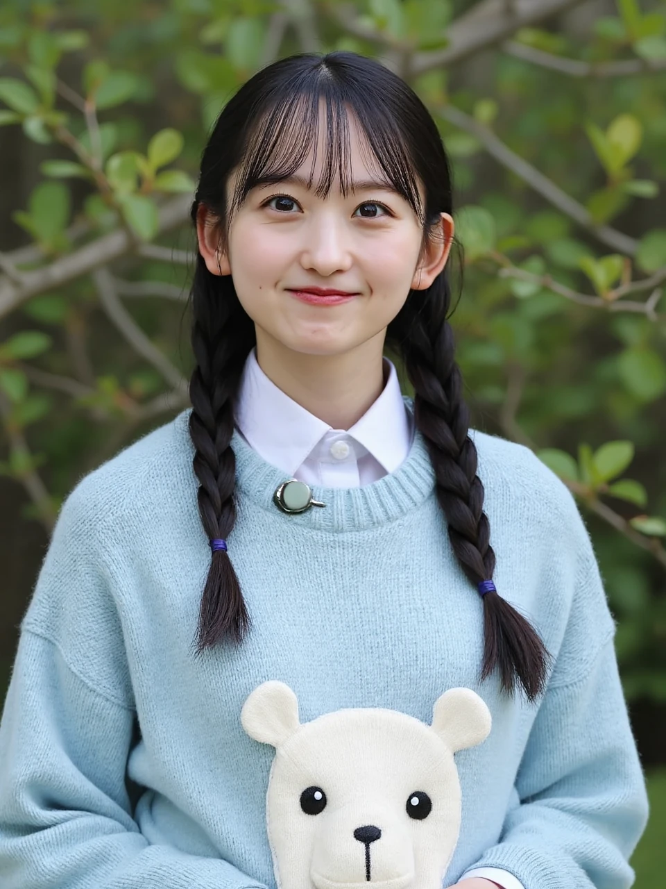This is a photograph of a young woman named Ichinose, standing outdoors against a blurred background of green foliage and tree branches. Ichinose has a light skin tone and long, dark brown hair styled in two braids. She is wearing a cozy, light blue turtleneck sweater with a white bear face design on the front, featuring small, expressive eyes and a cute, rounded nose. The sweater has a thick, ribbed texture, adding to its warmth and comfort. Underneath the sweater, she is wearing a white, button-up shirt. Her expression is gentle and slightly smiling, giving off a serene and approachable vibe. The lighting is natural, suggesting it is daytime, and the overall atmosphere of the image is calm and peaceful.