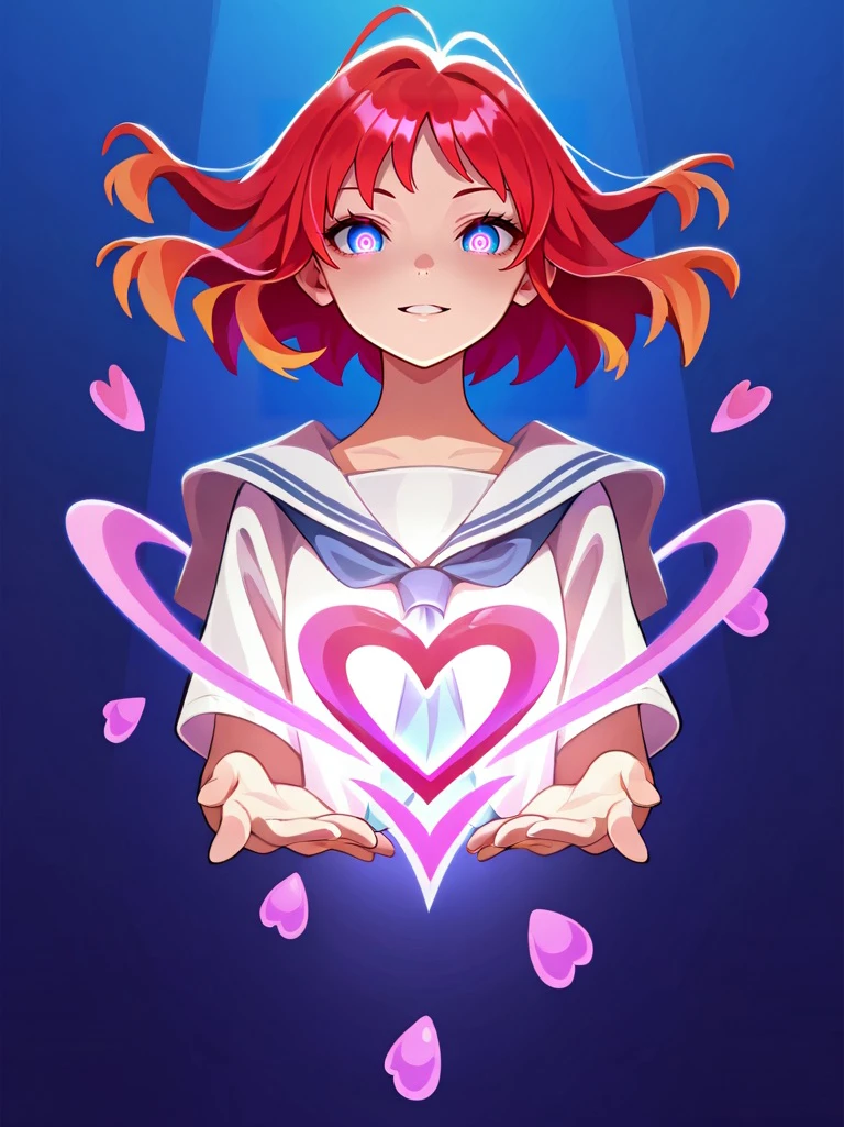 cartoon, anime style, very aesthetic, best quality, absurdres, masterpiece, vibrant colors, newest, scenery, depth of field, soft lighting, dreamy atmosphere
1girl, curly red hair, heart-shaped arrows, white toga, floating mid-air, playful smirk, tiny floating hearts around, vibrant pinks {pink|red}, cute bubbly aesthetic, inspired by Umipi,